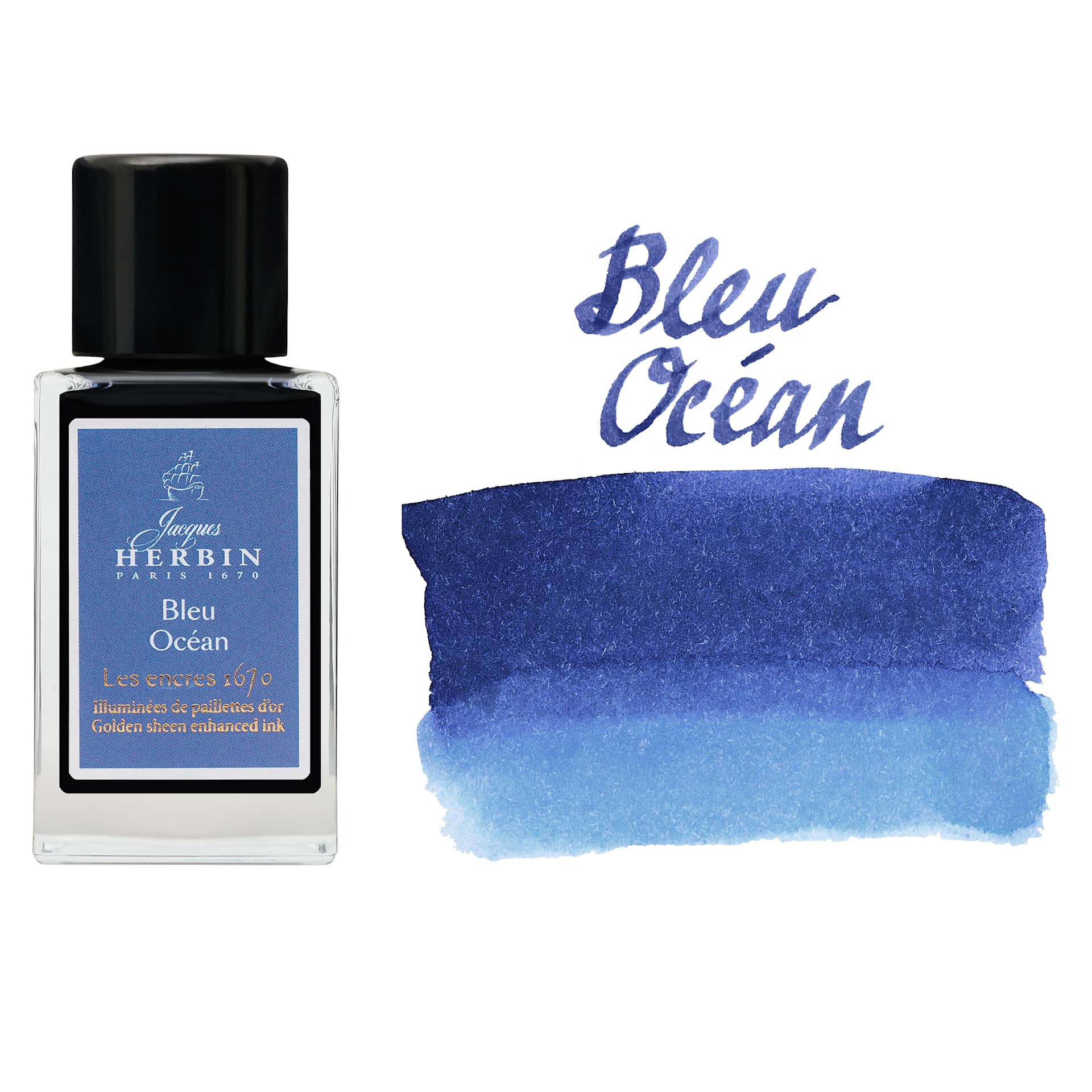 Herbin 1670 Anniversary Collection Fountain Pen Ink - Bleu Ocean, 15 ml bottle with swatch