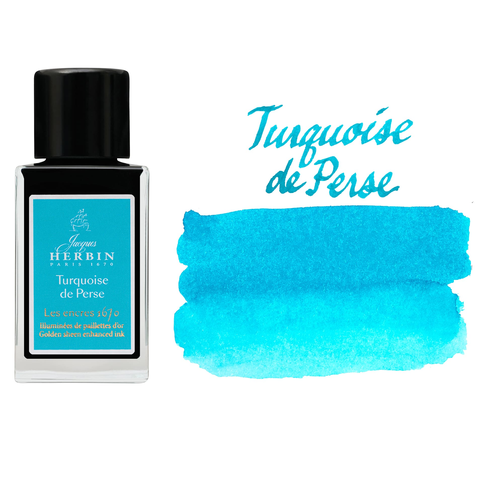 Herbin 1670 Anniversary Collection Fountain Pen Ink - Turquoise de Perse, 15 ml bottle with swatch