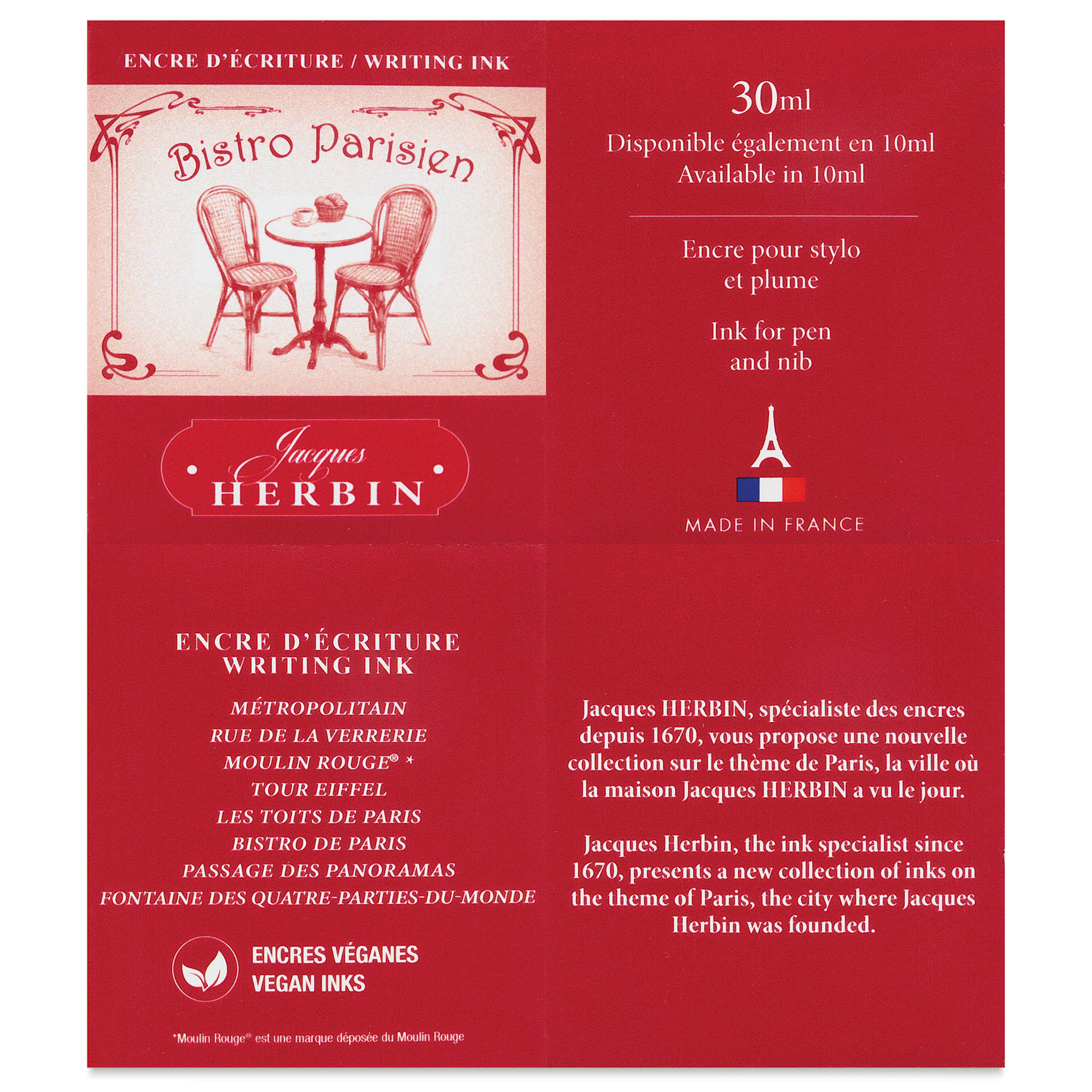 Herbin Paris Collection Fountain Pen Ink - Bistro Parisien (Garnet), 30 ml, back of packaging