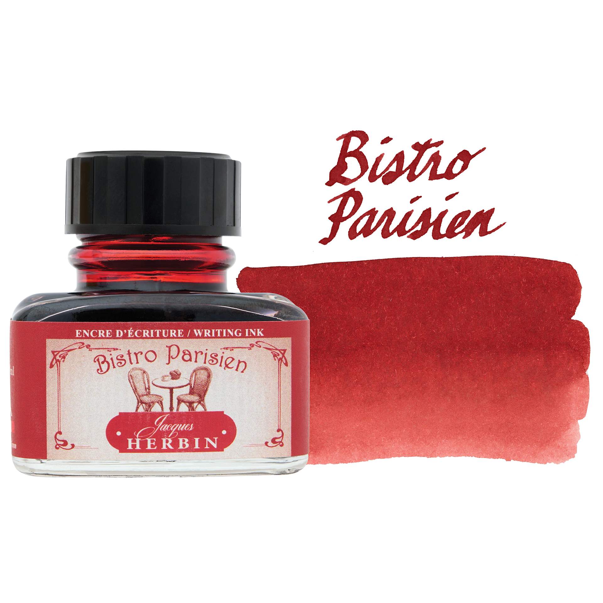 Herbin Paris Collection Fountain Pen Ink - Bistro Parisien (Garnet), 30 ml bottle with swatch