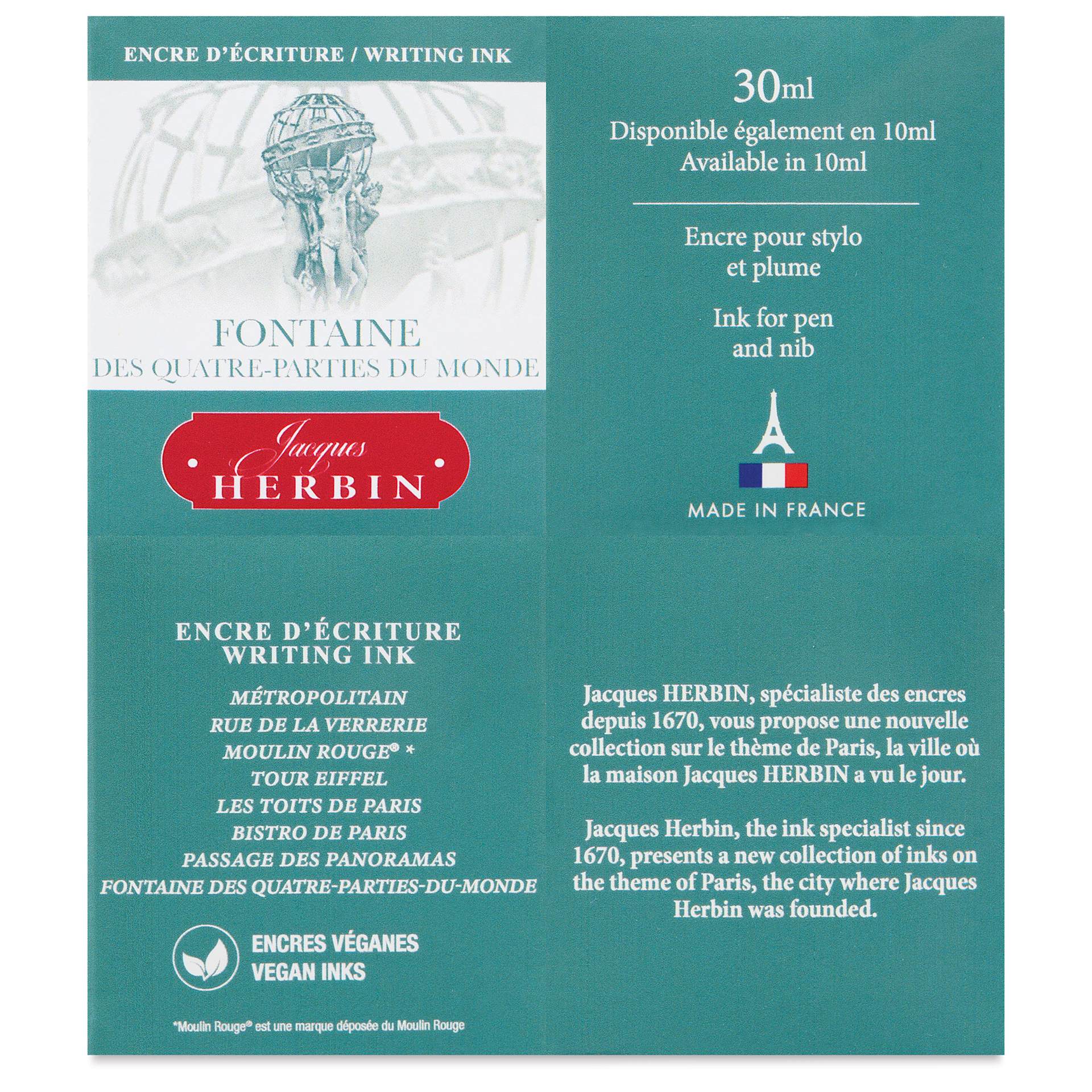 Herbin Paris Collection Fountain Pen Ink - Fontaine (Teal), 30 ml, back of packaging