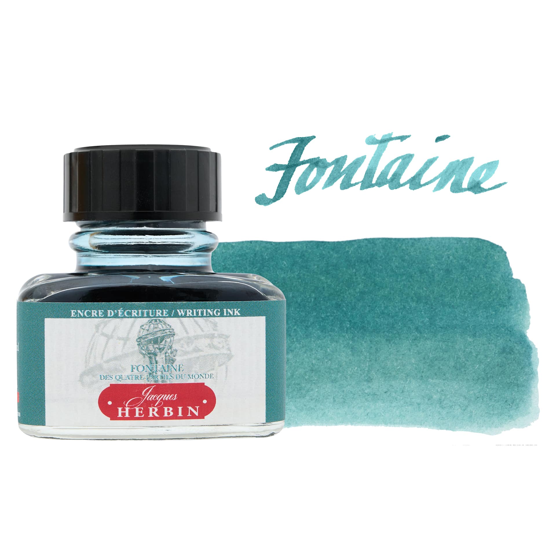 Herbin Paris Collection Fountain Pen Ink - Fontaine (Teal), 30 ml bottle with swatch