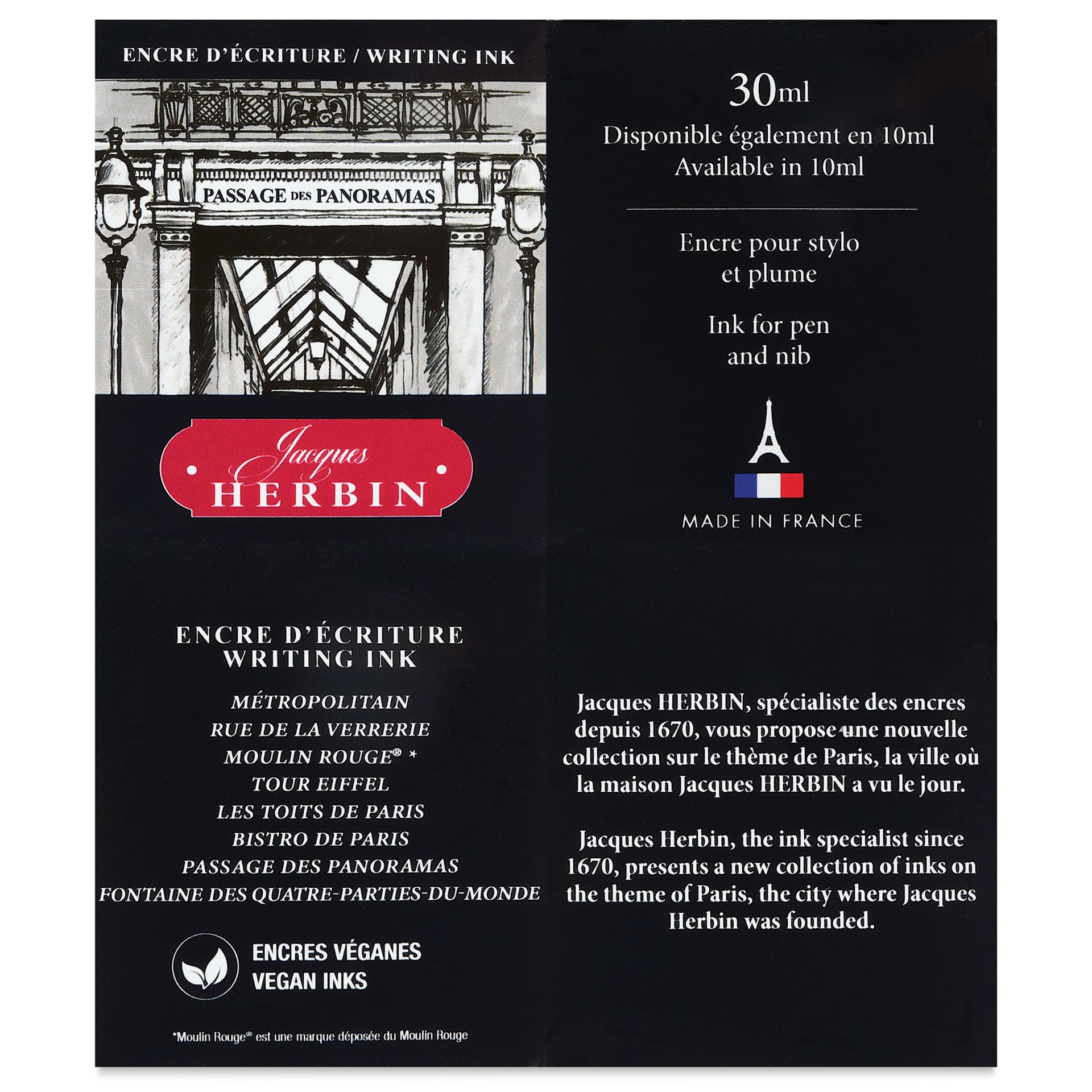 Herbin Paris Collection Fountain Pen Ink - Passage des Panoramas (Off-Black), 30 ml, back of packaging