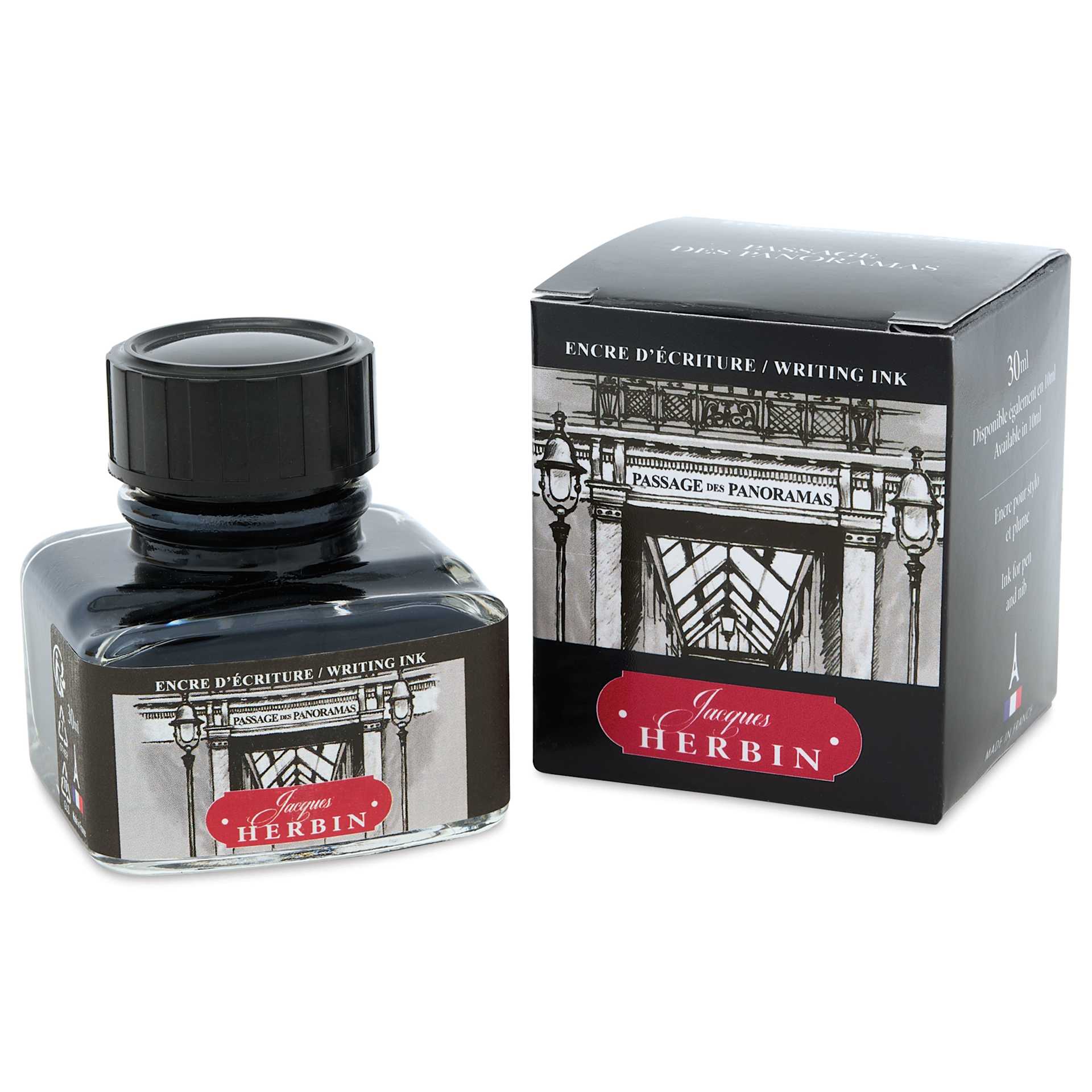 Herbin Paris Collection Fountain Pen Ink - Passage des Panoramas (Off-Black), 30 ml bottle and packaging