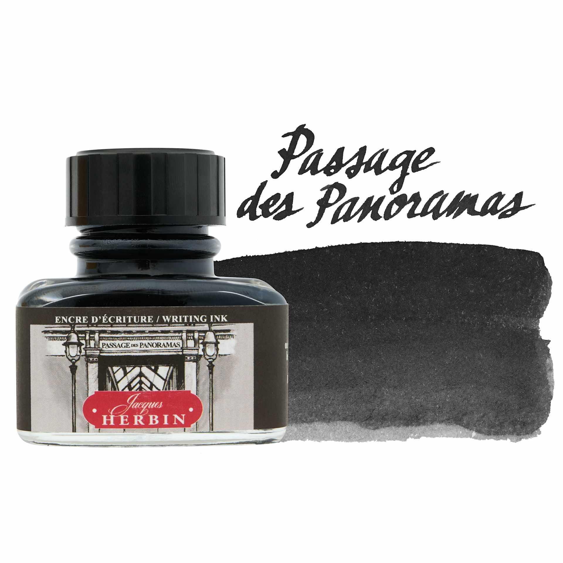 Herbin Paris Collection Fountain Pen Ink - Passage des Panoramas (Off-Black), 30 ml bottle with swatch