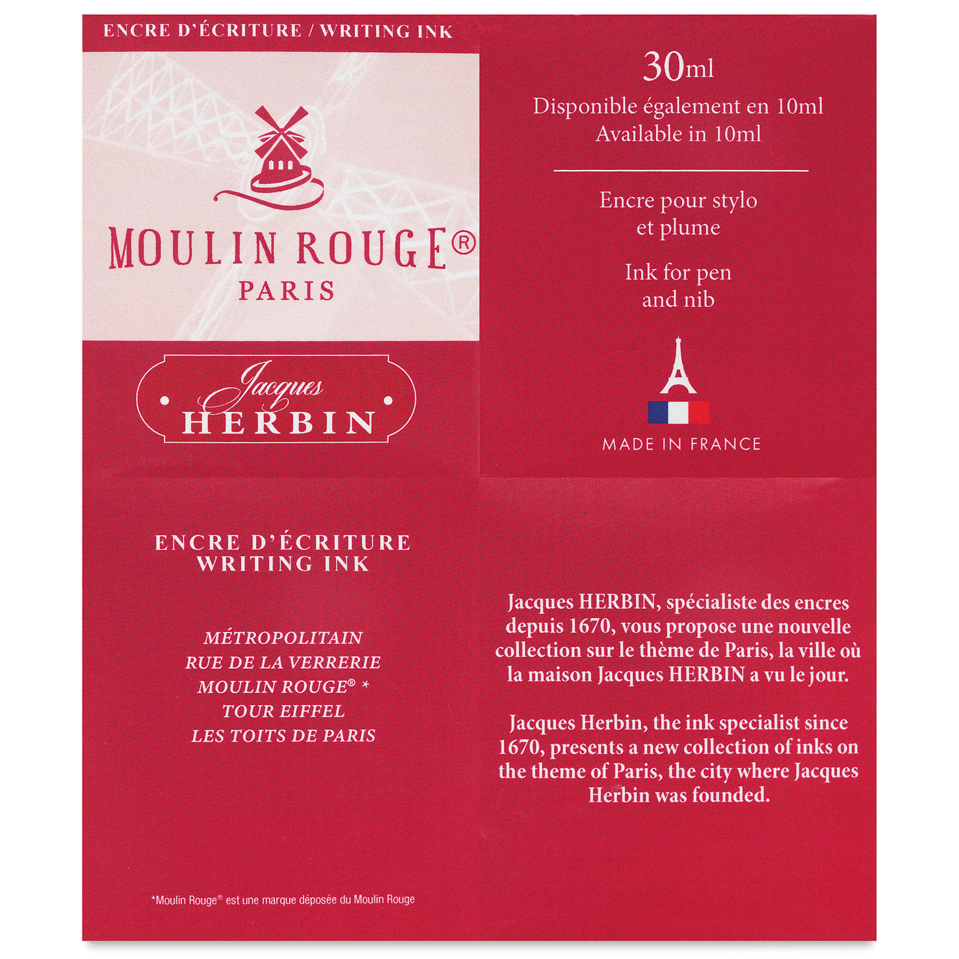 Herbin Paris Collection Fountain Pen Ink - Moulin Rouge (Red), 30 ml, back of packaging