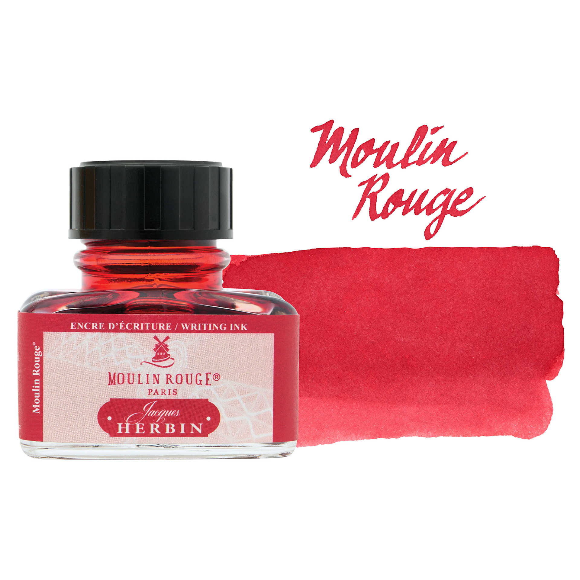 Herbin Paris Collection Fountain Pen Ink - Moulin Rouge (Red), 30 ml bottle with swatch