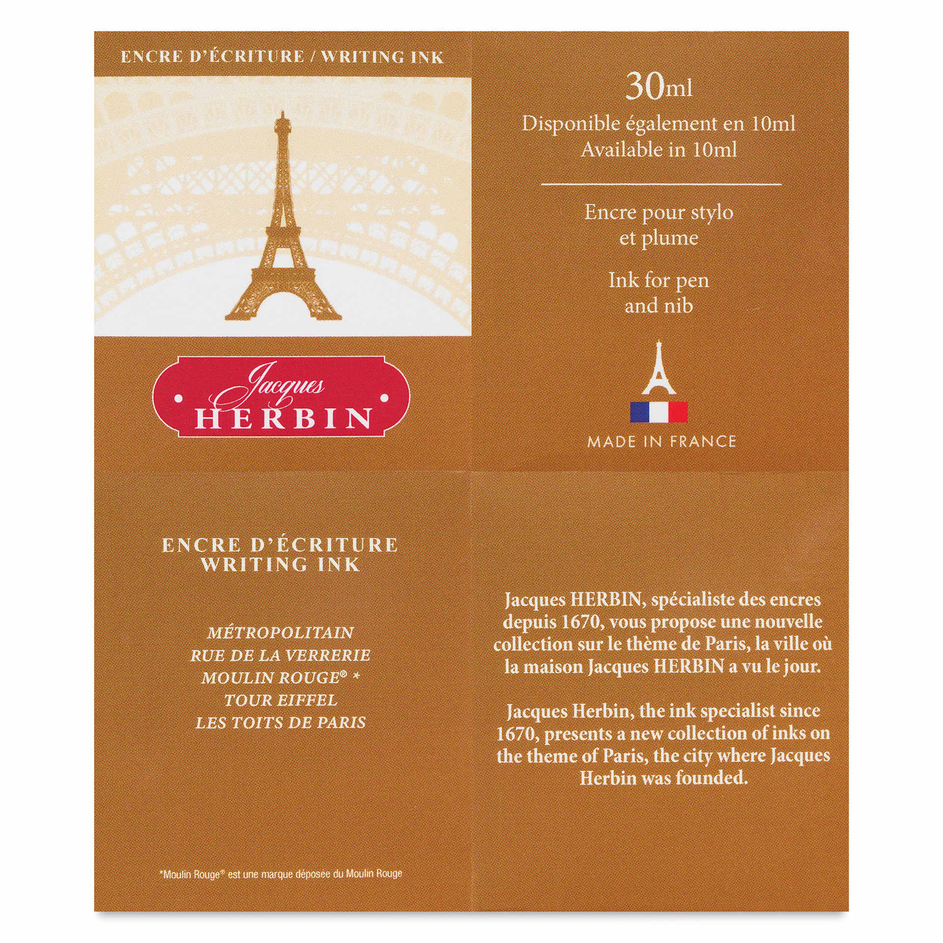 Herbin Paris Collection Fountain Pen Ink - Tour Eiffel (Orange), 30 ml, back of packaging