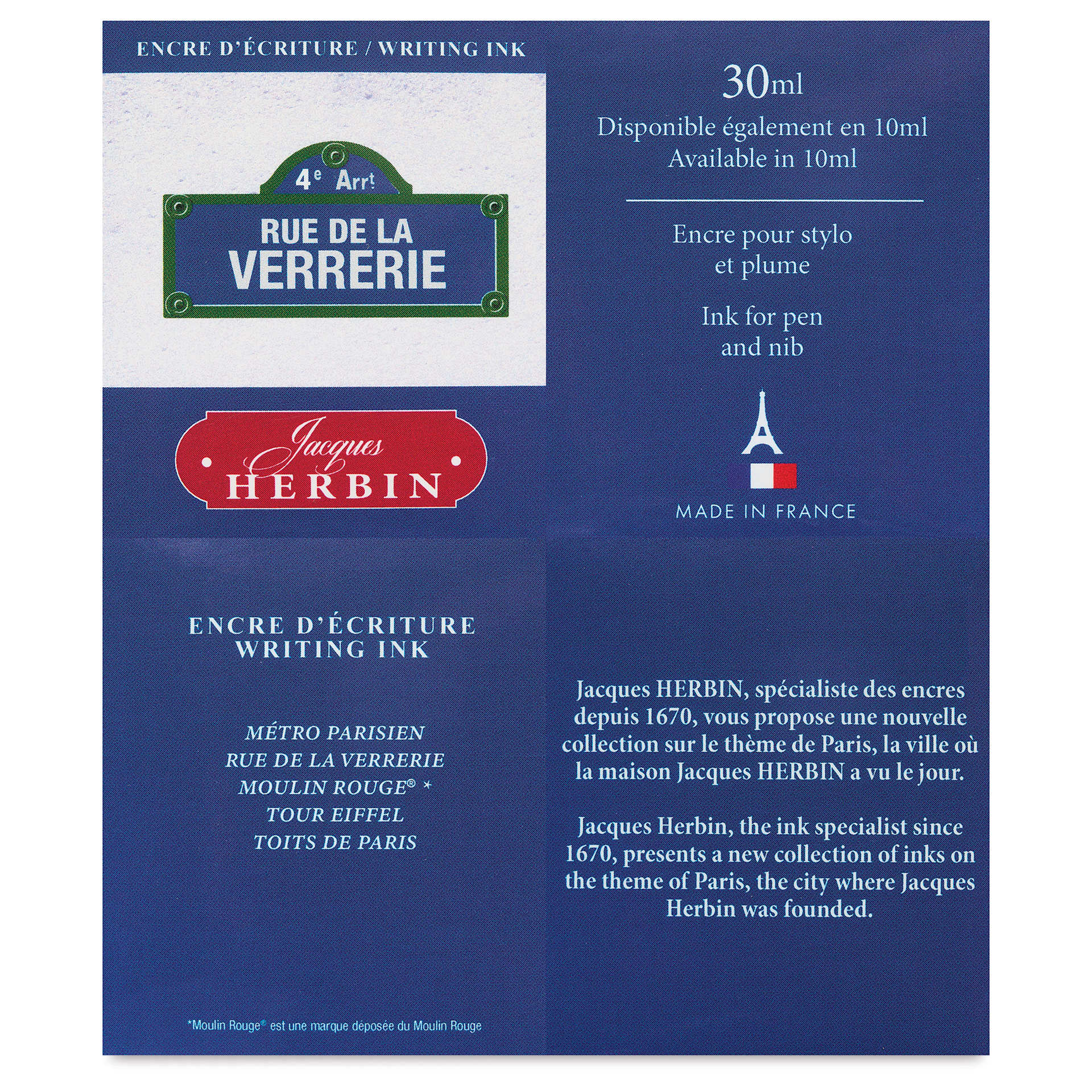 Herbin Paris Collection Fountain Pen Ink - Rue de la Verrerie (Blue), 30 ml, back of packaging