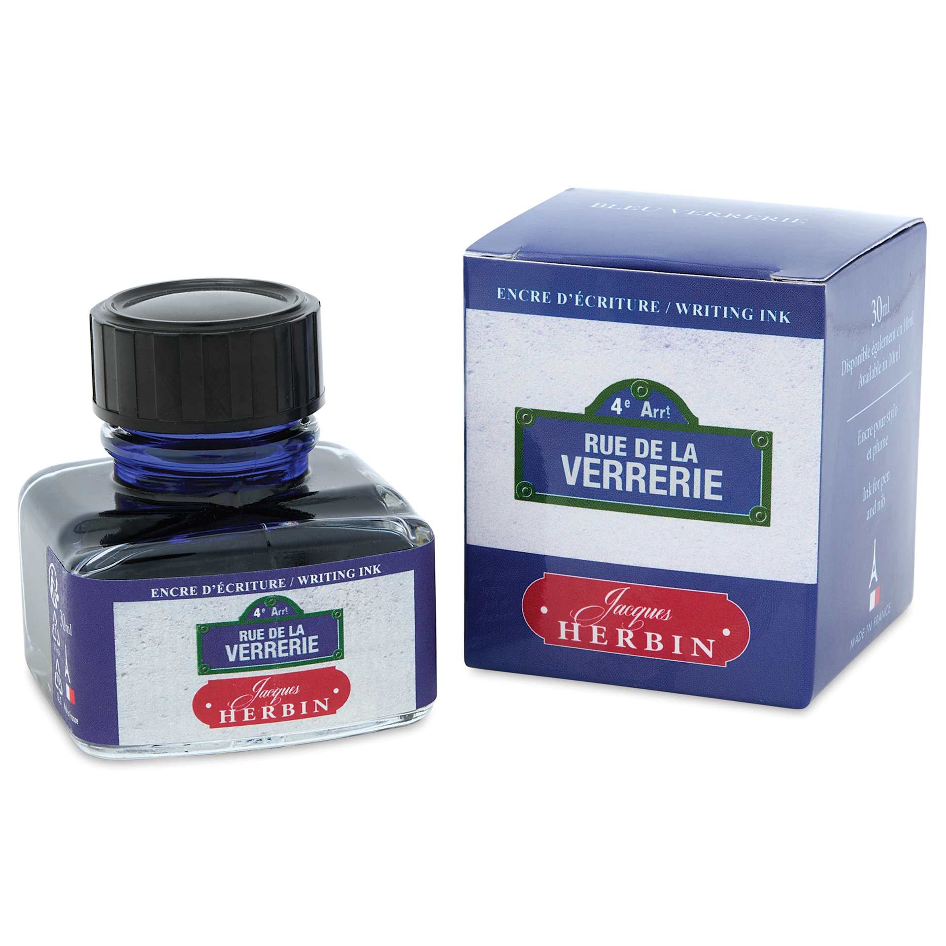 Herbin Paris Collection Fountain Pen Ink - Rue de la Verrerie (Blue), 30 ml bottle and packaging