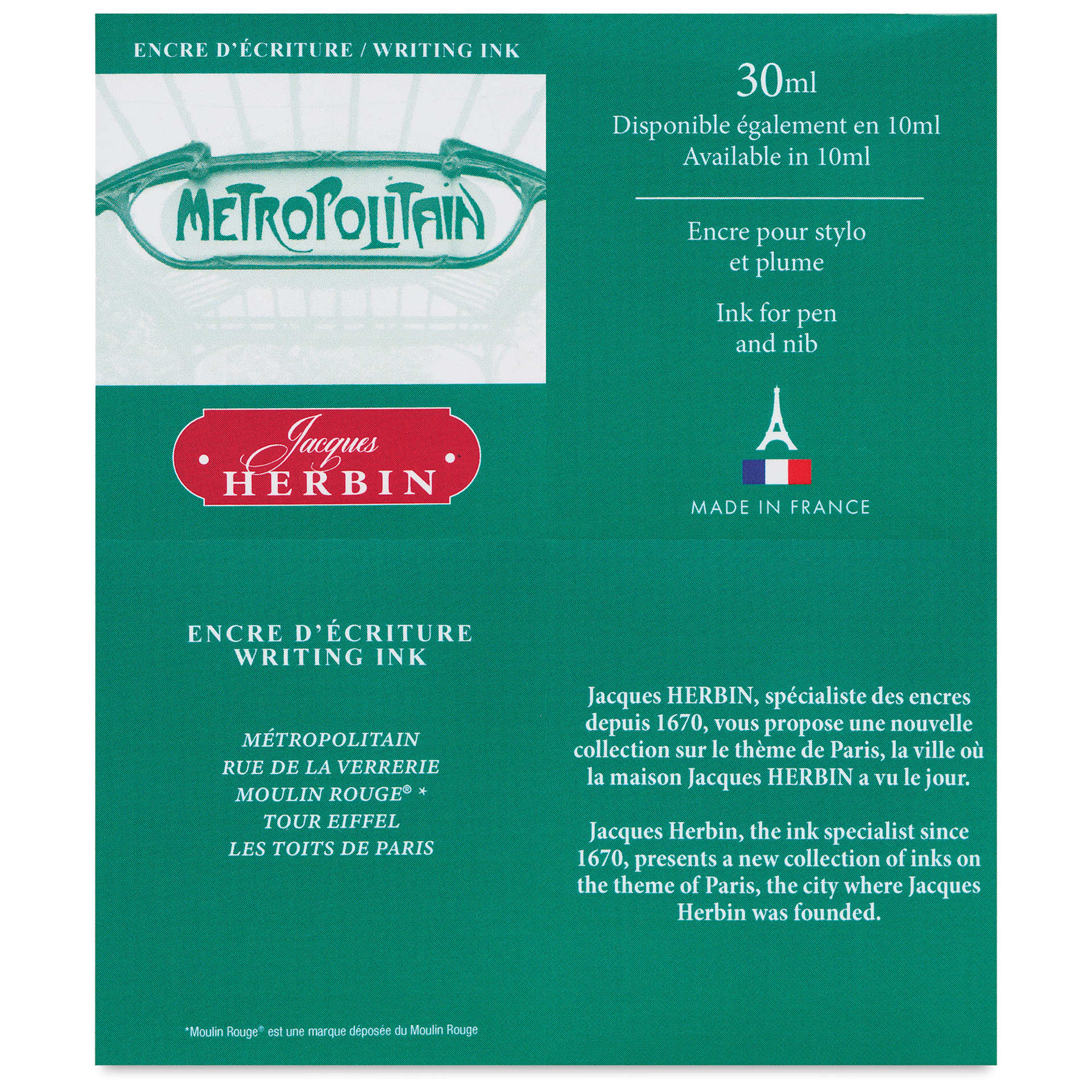 Herbin Paris Collection Fountain Pen Ink - Métropolitan (Green), 30 ml, back of packaging