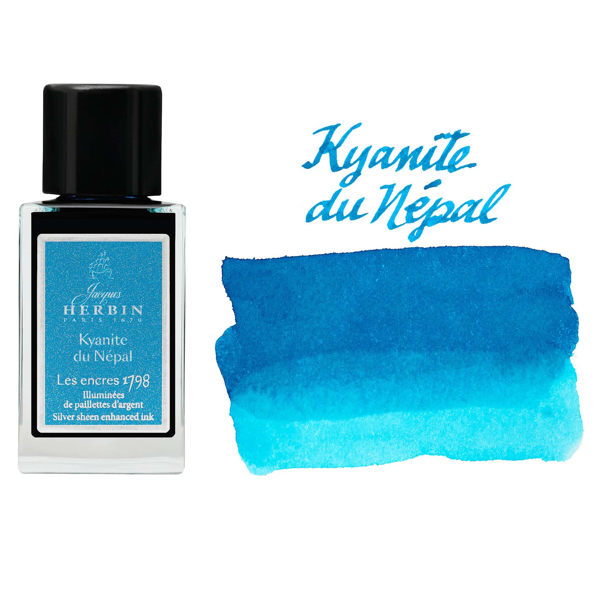 Herbin 1798 Anniversary Collection Fountain Pen Ink - Kyanite du Népal, 15 ml bottle with swatch