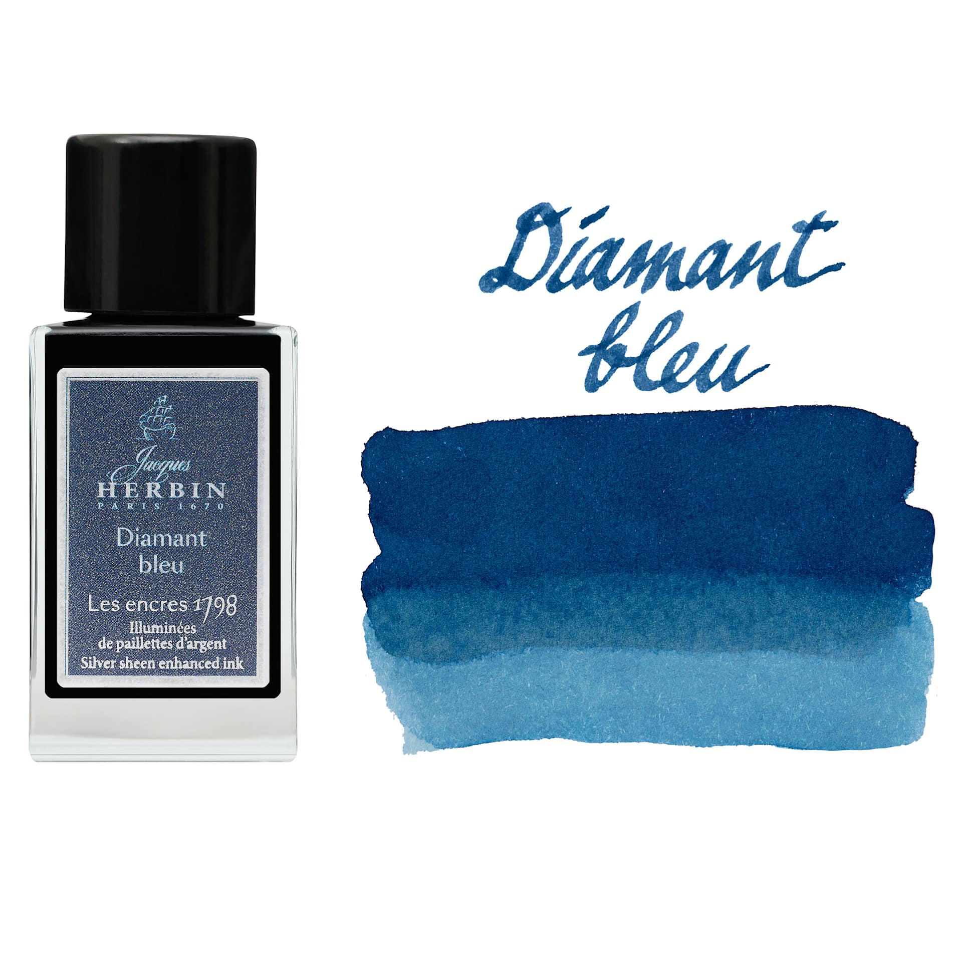 Herbin 1798 Anniversary Collection Fountain Pen Ink - Diamant Bleu, 15 ml bottle with swatch