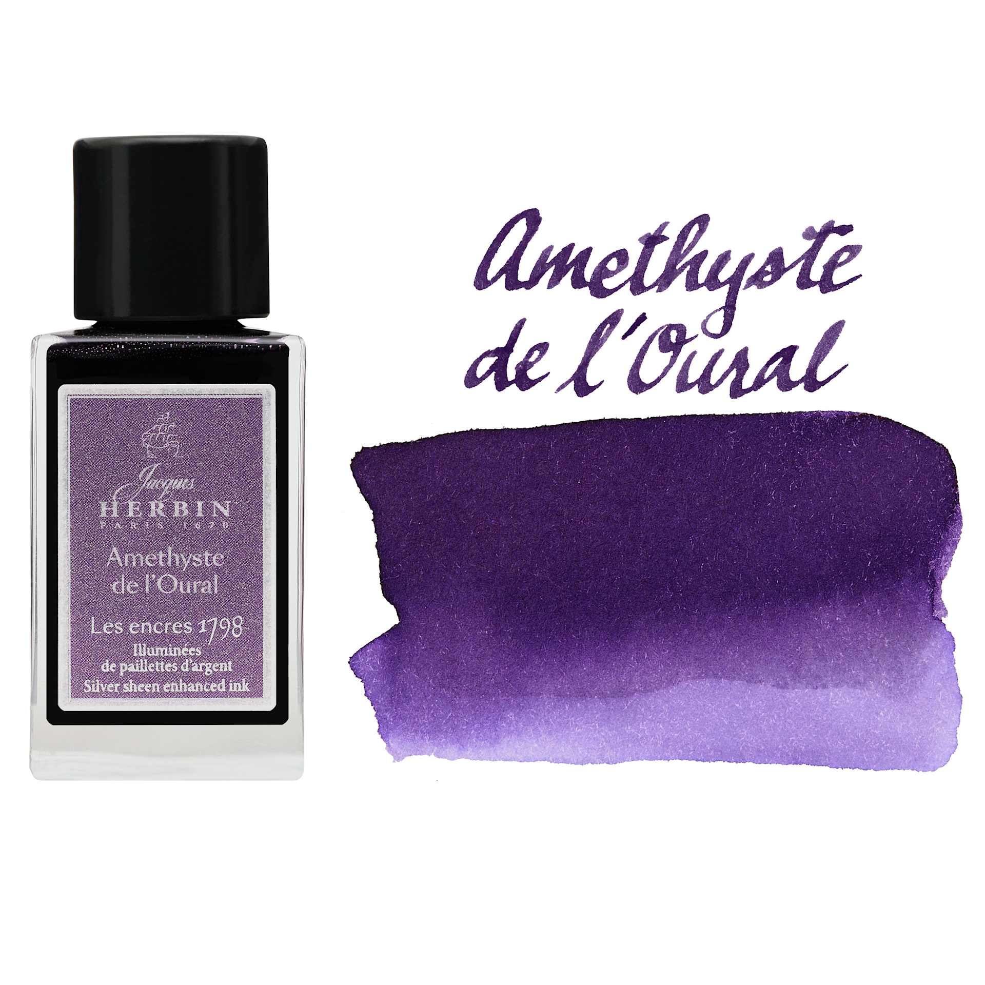 Herbin 1798 Anniversary Collection Fountain Pen Ink - Amethyste de l'Oural, 15 ml bottle with swatch