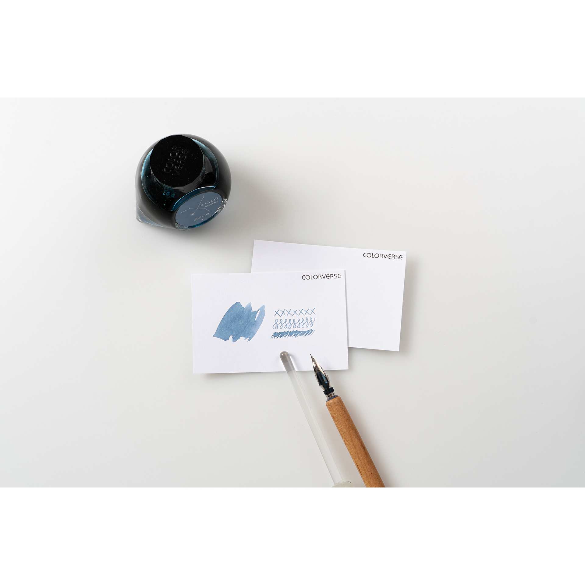 Colorverse Colorspace Ink Swatch Cards - Pkg of 50, blank cards with blue ink swatch on tabletop