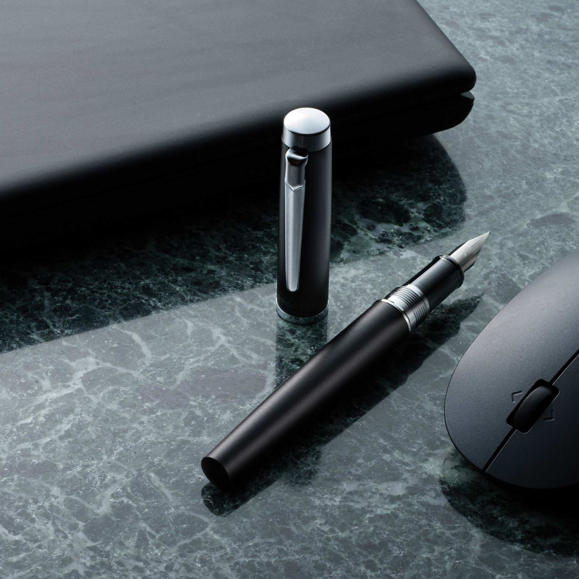 Platinum Procyon Fountain Pen - Shadow Mica, Medium Nib, pen and cap on tabletop (image may depict a different size nib)