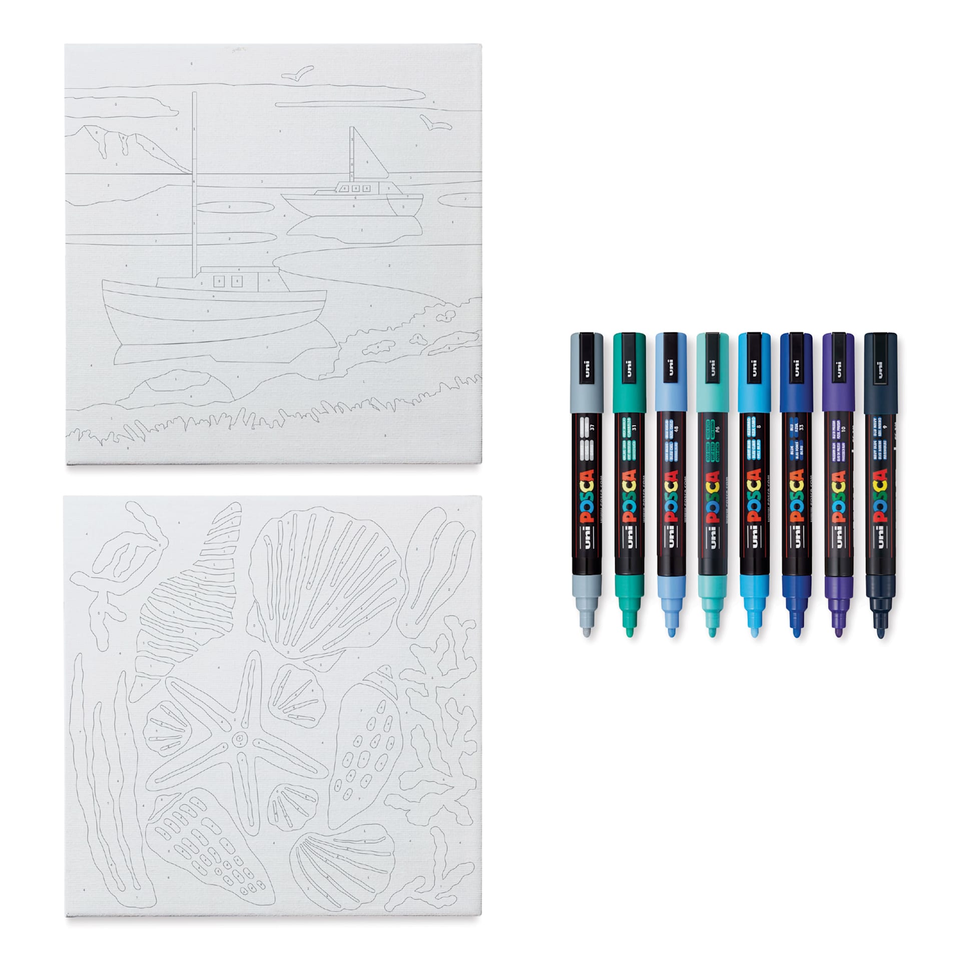Posca Paint By Number Kit - Harbor Hues contents