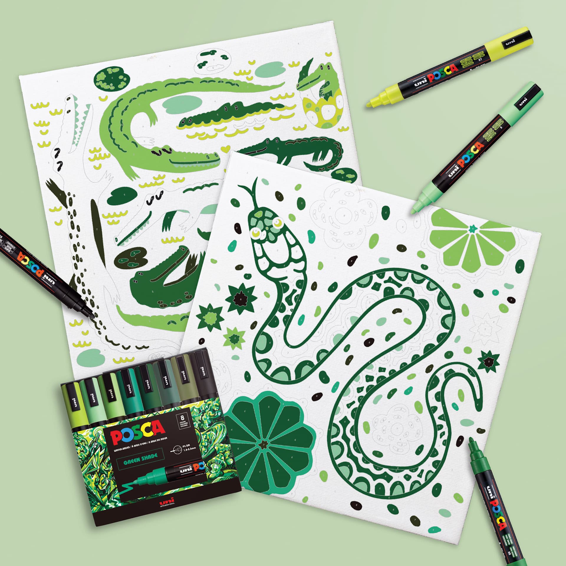 Posca Paint By Number Kit - Swamp & Slither, in progress