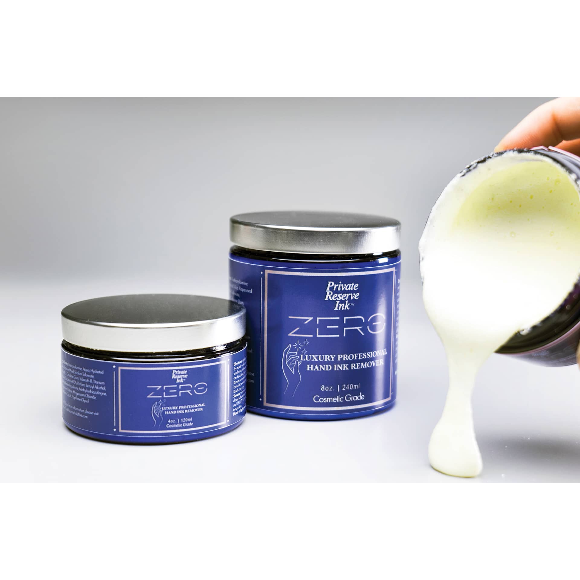 Private Reserve Ink Zero Luxury Professional Hand Ink Remover - 4 oz and 8 oz jars with product being poured out.