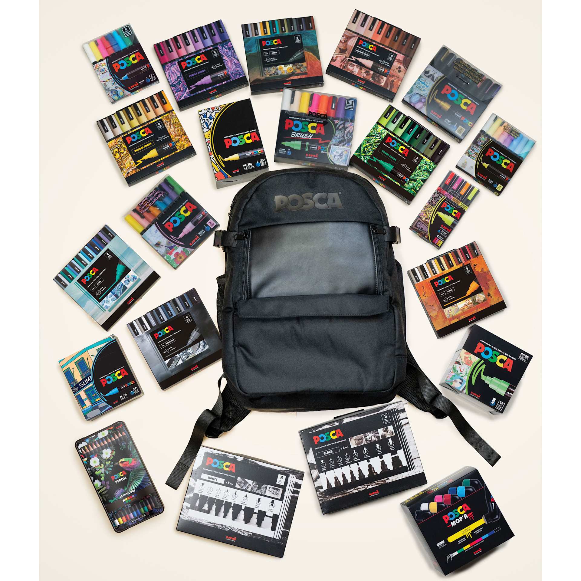 Posca Artist Marker & Pencil Backpack Bundle, included sets laid out around backpack