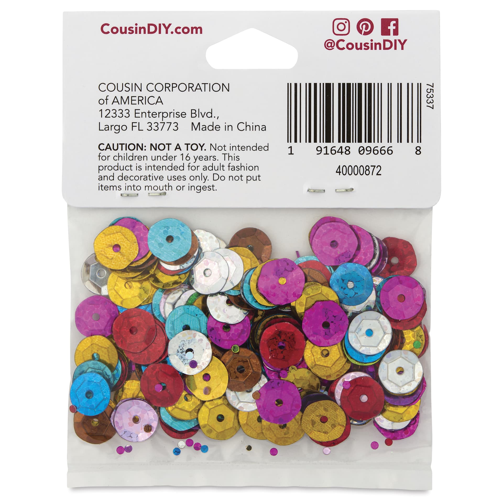 Cousin DIY Cupped Sequins - Pkg of 200, Assorted Colors, 8 mm - back of packaging