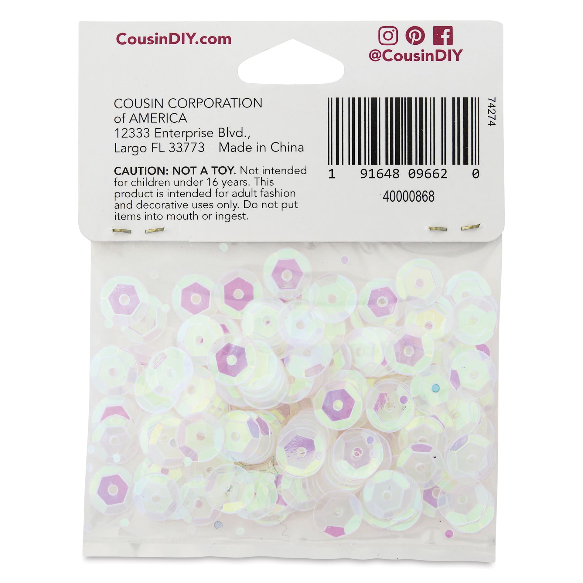 Cousin DIY Cupped Sequins - Pkg of 200, Crystal Iridescent, 8 mm - back of packaging