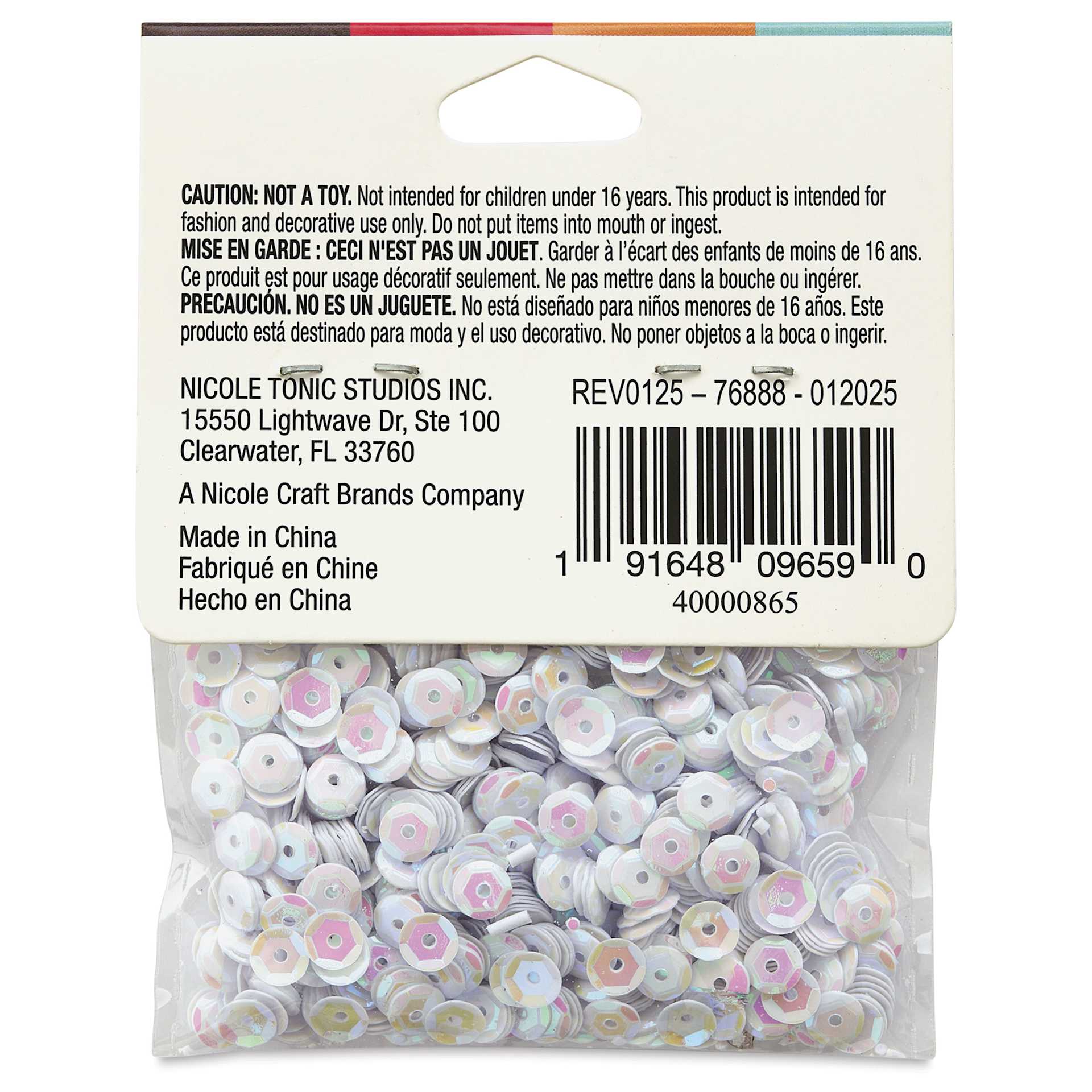 Cousin DIY Cupped Sequins - Pkg of 800, White Iridescent, 5 mm, back of packaging