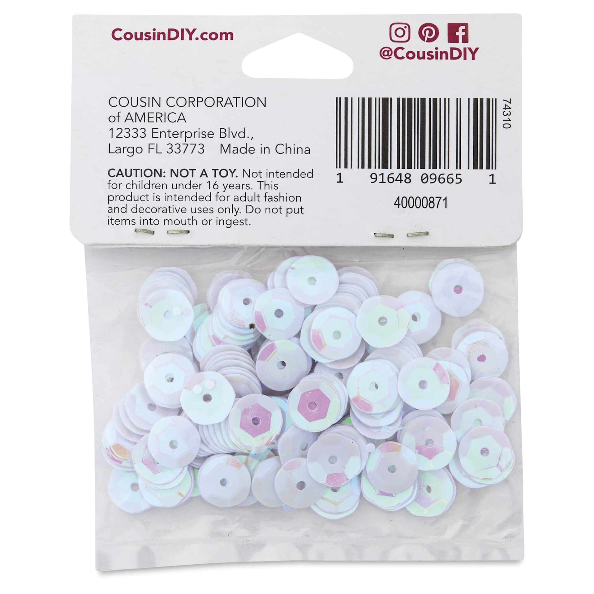Cousin DIY Cupped Sequins - Pkg of 200, White Iridescent, 8 mm - back of packaging