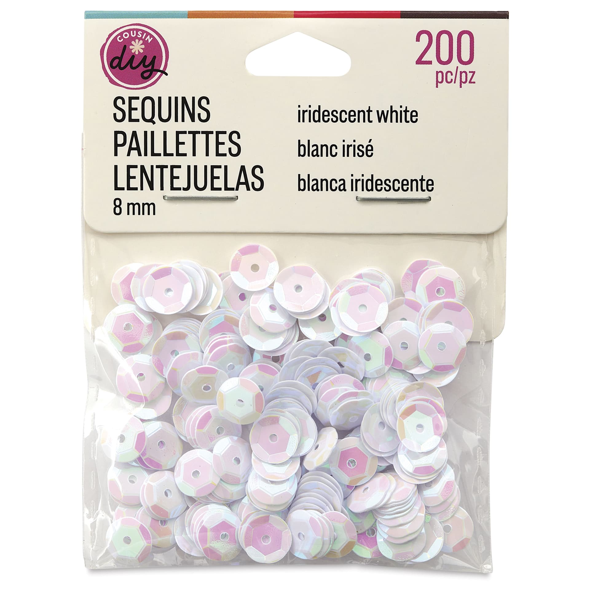 Cousin DIY Cupped Sequins - Pkg of 200, White Iridescent, 8 mm, front of packaging