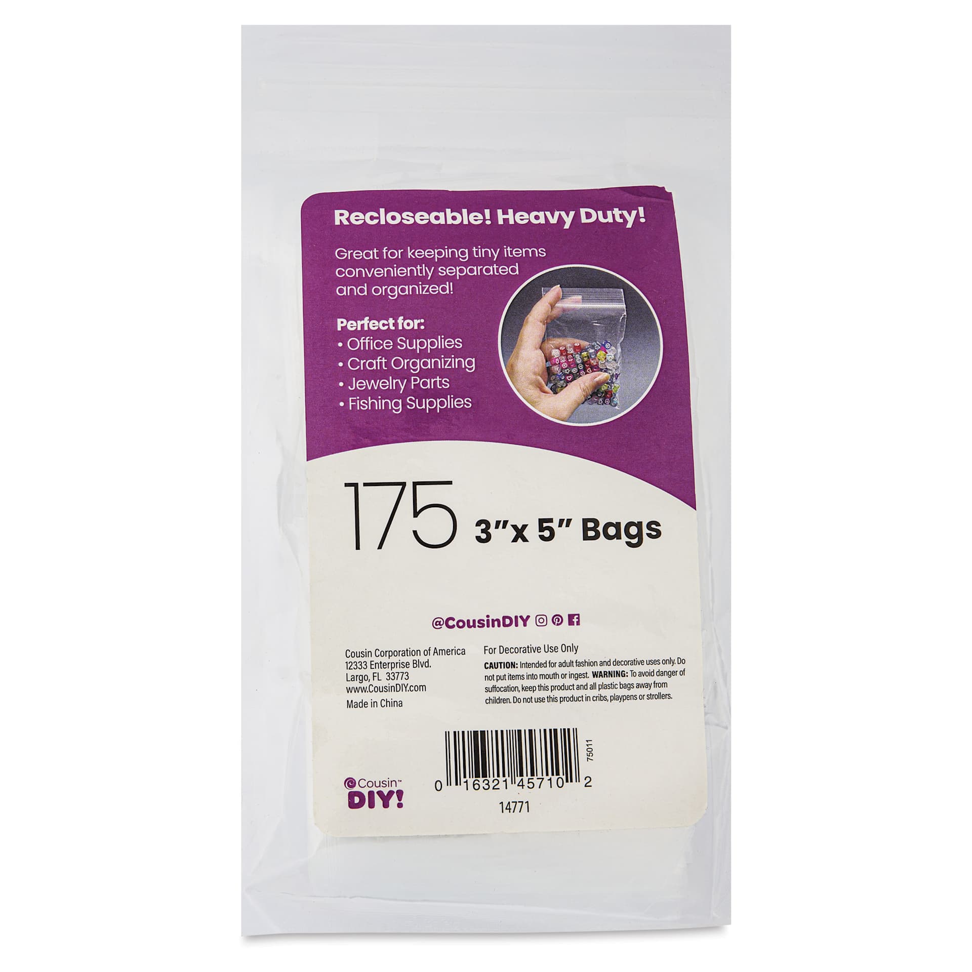 Cousin DIY Bagettes Heavy-Duty Resealable Bags - Pkg of 175, Clear, 3" x 5" - front of packaging