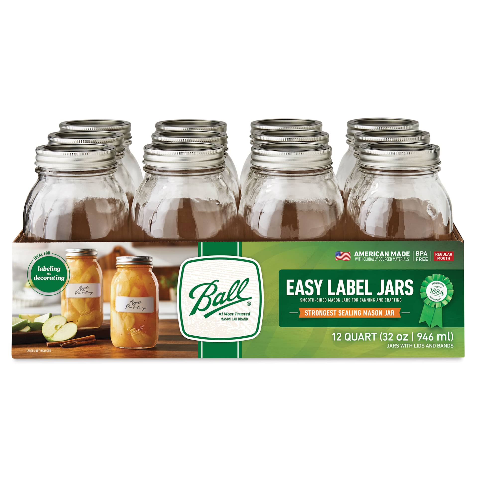 Ball Easy-Label Smooth-Sided Mason Jars - 32 oz, package of 12