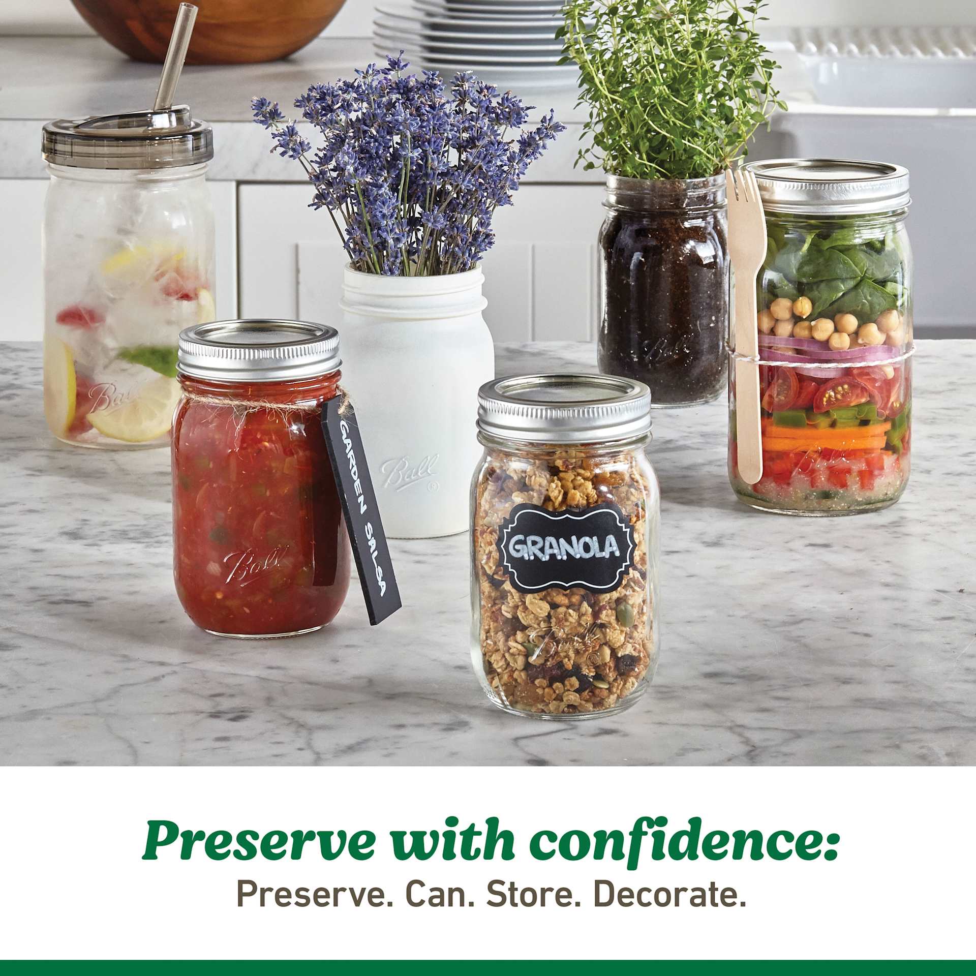 Ball Easy-Label Smooth-Sided Mason Jars - filled jars on kitchen counter