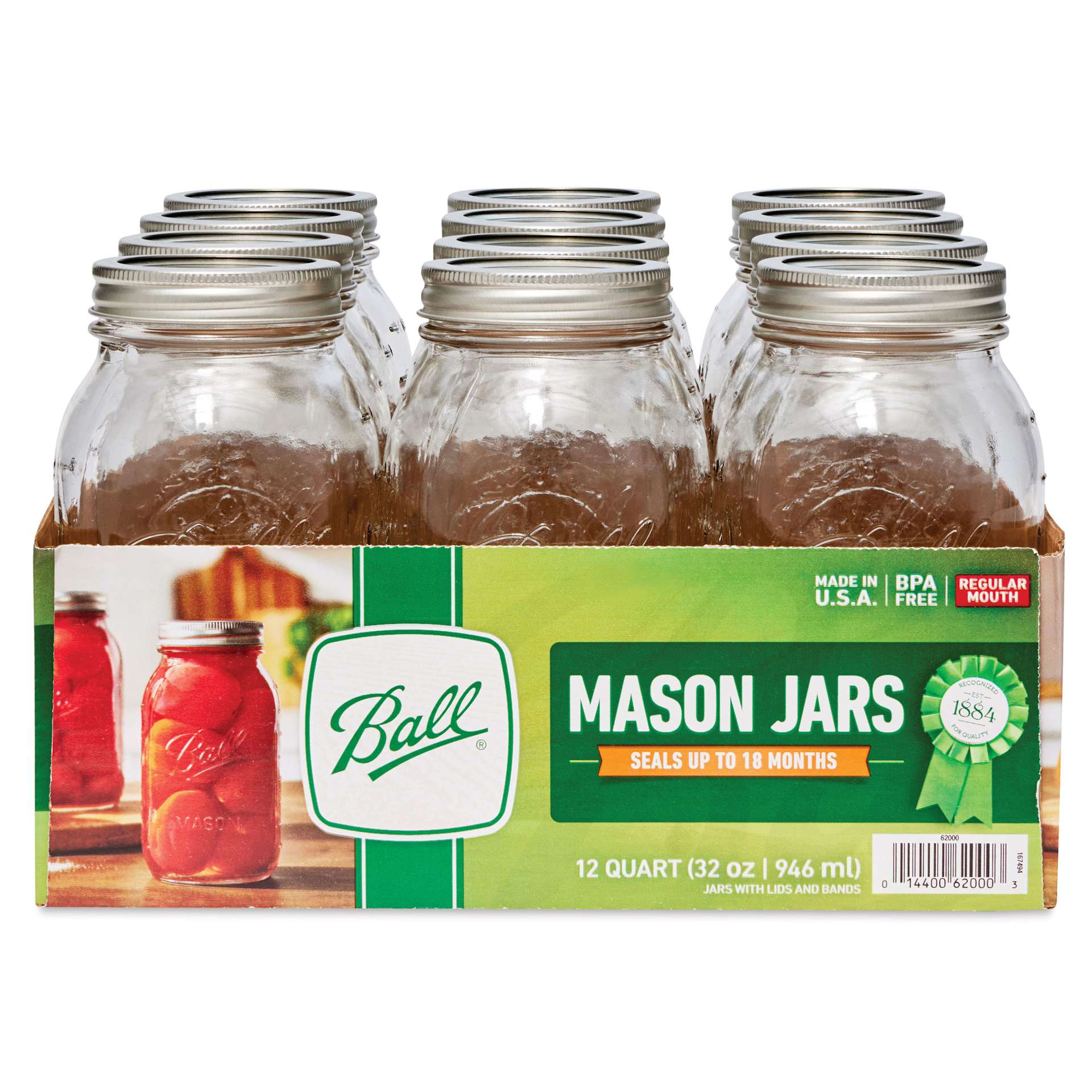 Ball Mason Jars and Lids - 32 oz, Regular Mouth, Pkg of 12