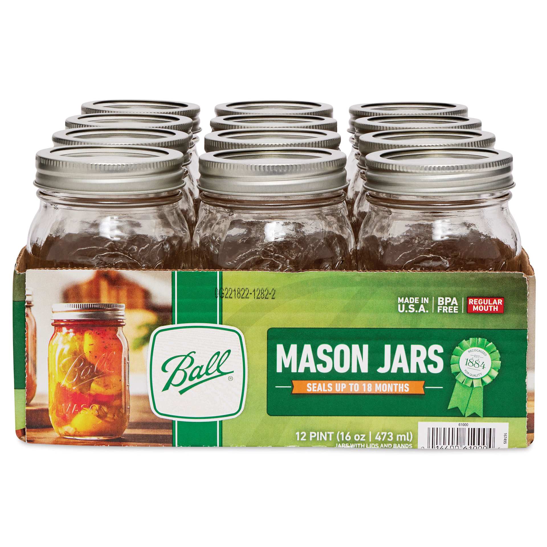 Ball Mason Jars and Lids - 16 oz, Regular Mouth, Pkg of 12, in packaging