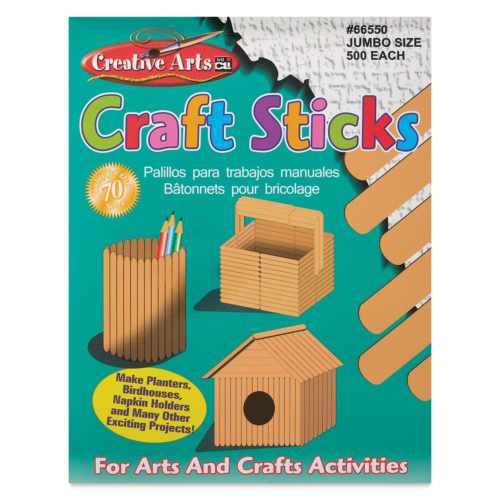 Creative Arts by Charles Leonard Craft Sticks - Pkg of 500, Jumbo, Neutral, 6" x 3/4" front of packaging