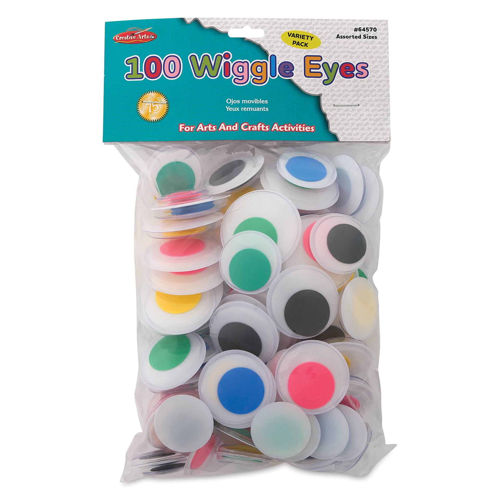 Creative Arts by Charles Leonard Wiggle Eyes - Pkg of 100, Assorted Colors, Round, Jumbo Assorted Sizes front of packaging