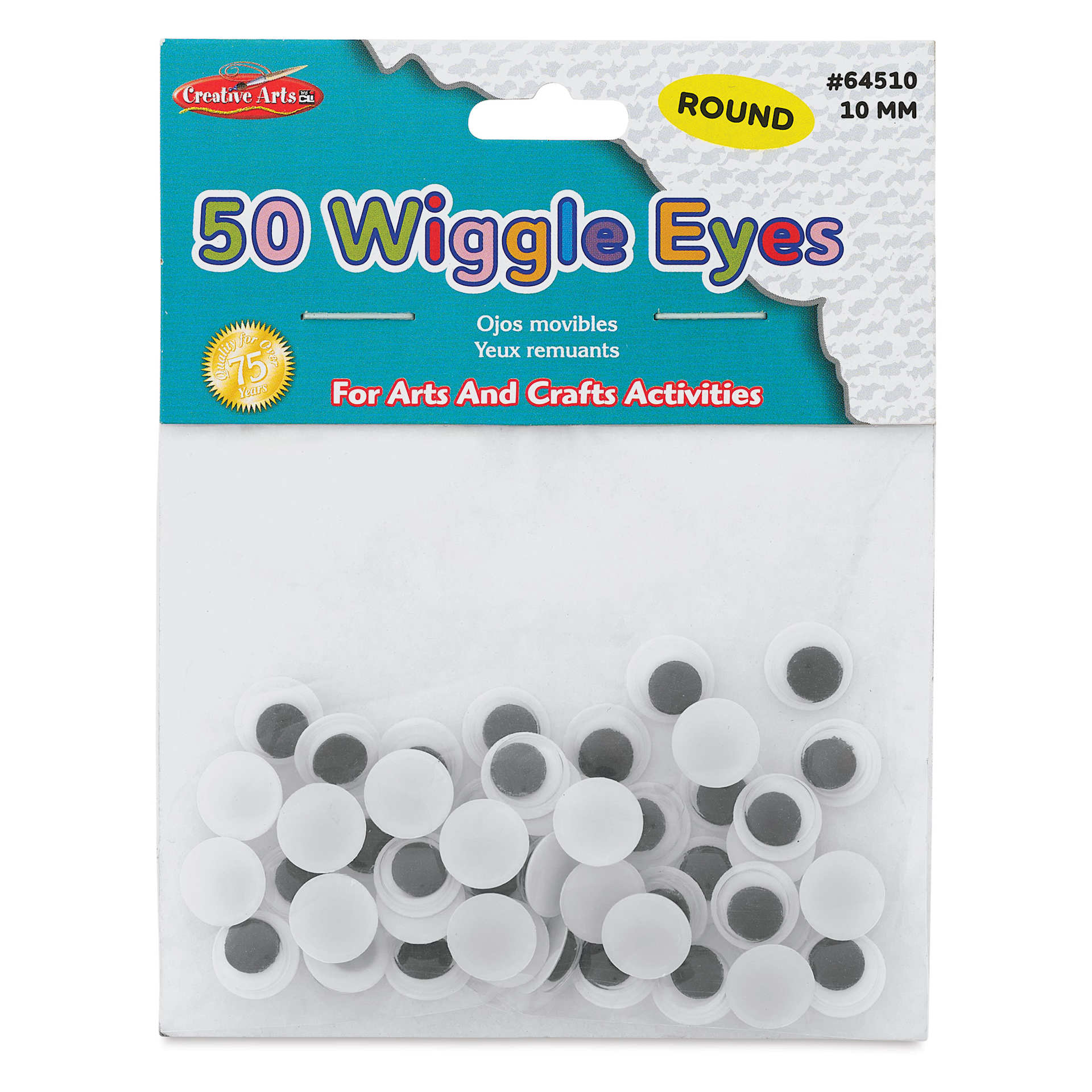 Creative Arts by Charles Leonard Painted Wiggle Eyes - Pkg of 50, Black, Round, 10 mm front of packaging