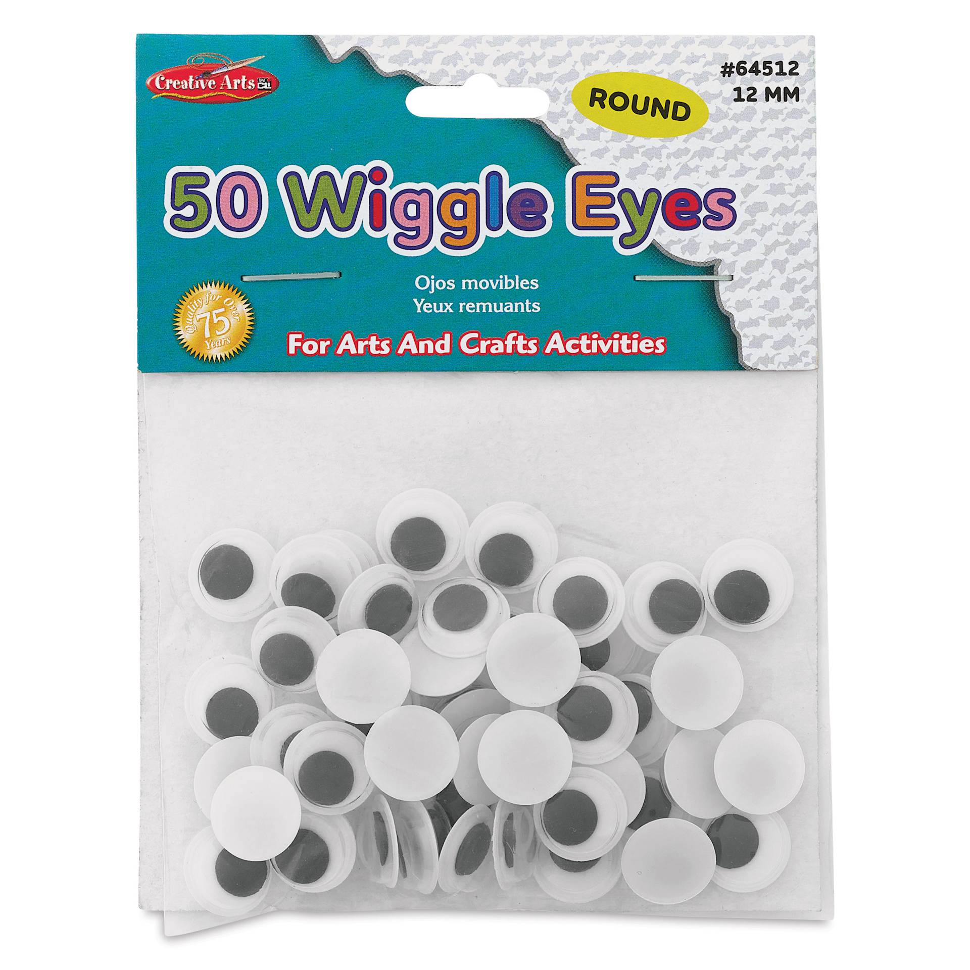 Creative Arts by Charles Leonard Wiggle Eyes - Pkg of 50, Black, Round, 12 mm front of packaging