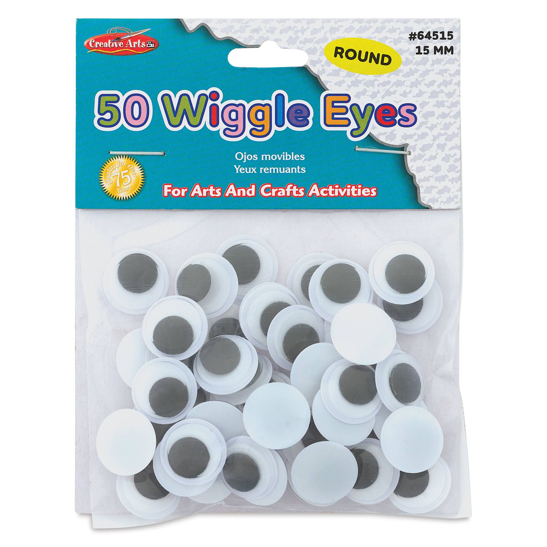 Creative Arts by Charles Leonard Wiggle Eyes - Pkg of 50, Black, Round, 15 mm front of packaging