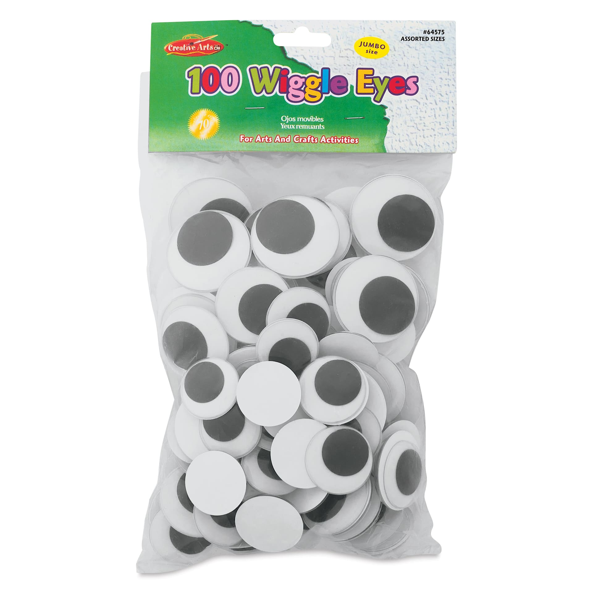 Creative Arts by Charles Leonard Wiggle Eyes - Pkg of 100, Black, Jumbo Round, Assorted Sizes front of packaging