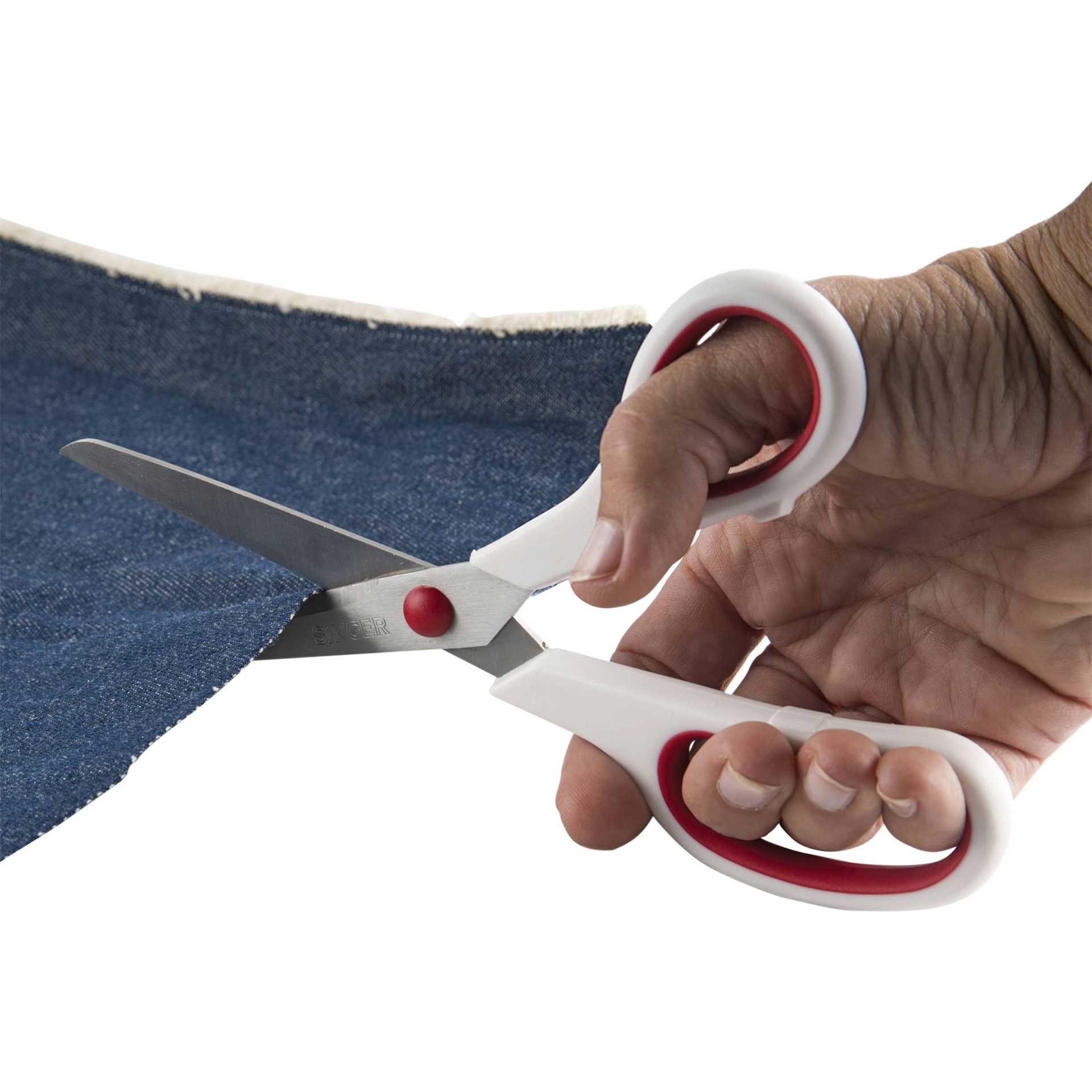 Singer Fabric Scissors, in hand cutting through fabric