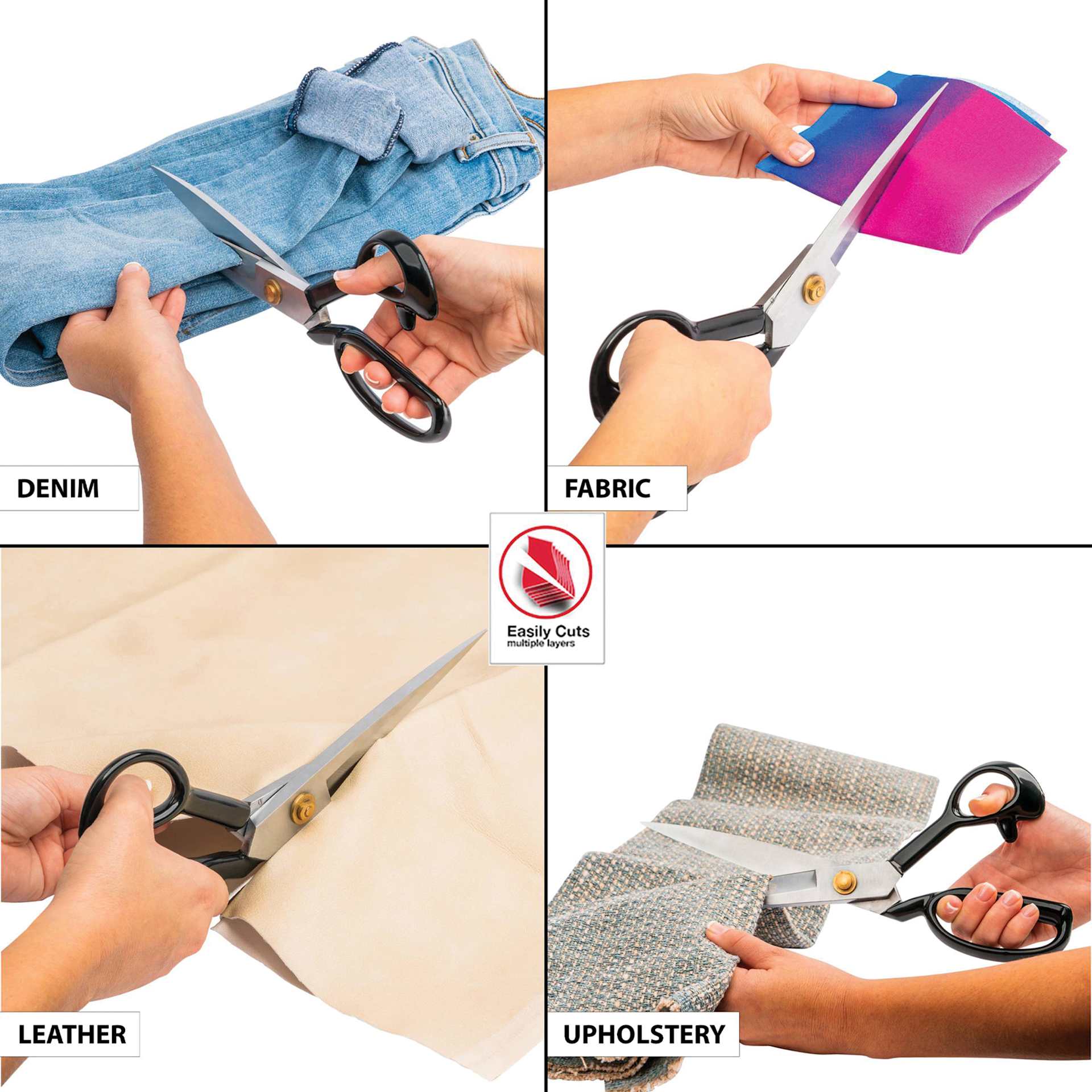 Singer ProSeries Forged Tailor Scissor - Chrome Plated, 12", in use cutting different fabrics