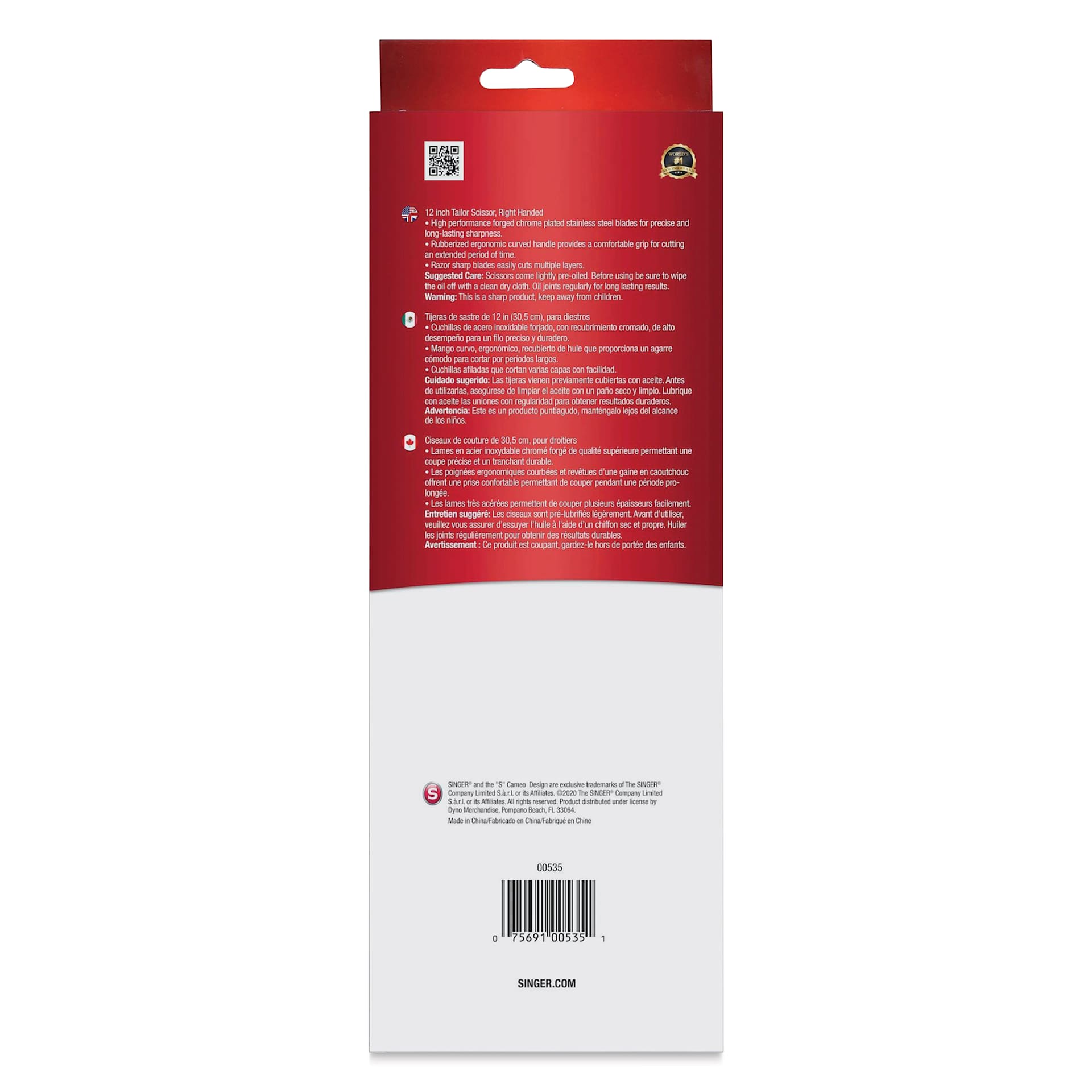 Singer ProSeries Forged Tailor Scissor - Chrome Plated, 12", back of the packaging