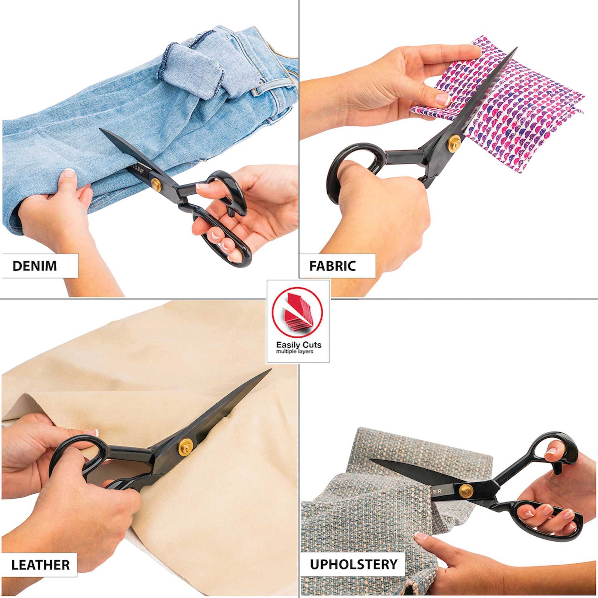 Singer ProSeries Forged Tailor Scissor - Black Oxidized, 10", in use cutting different fabrics 