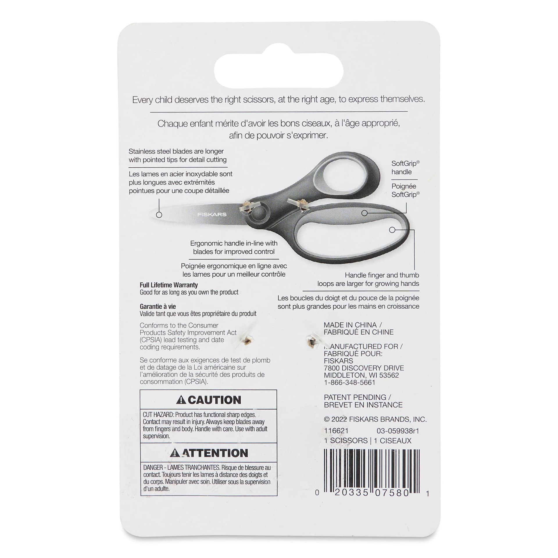 Fiskars Big Kids SoftGrip Ombre Scissors - Purple and Turquoise, 6" back of packaging