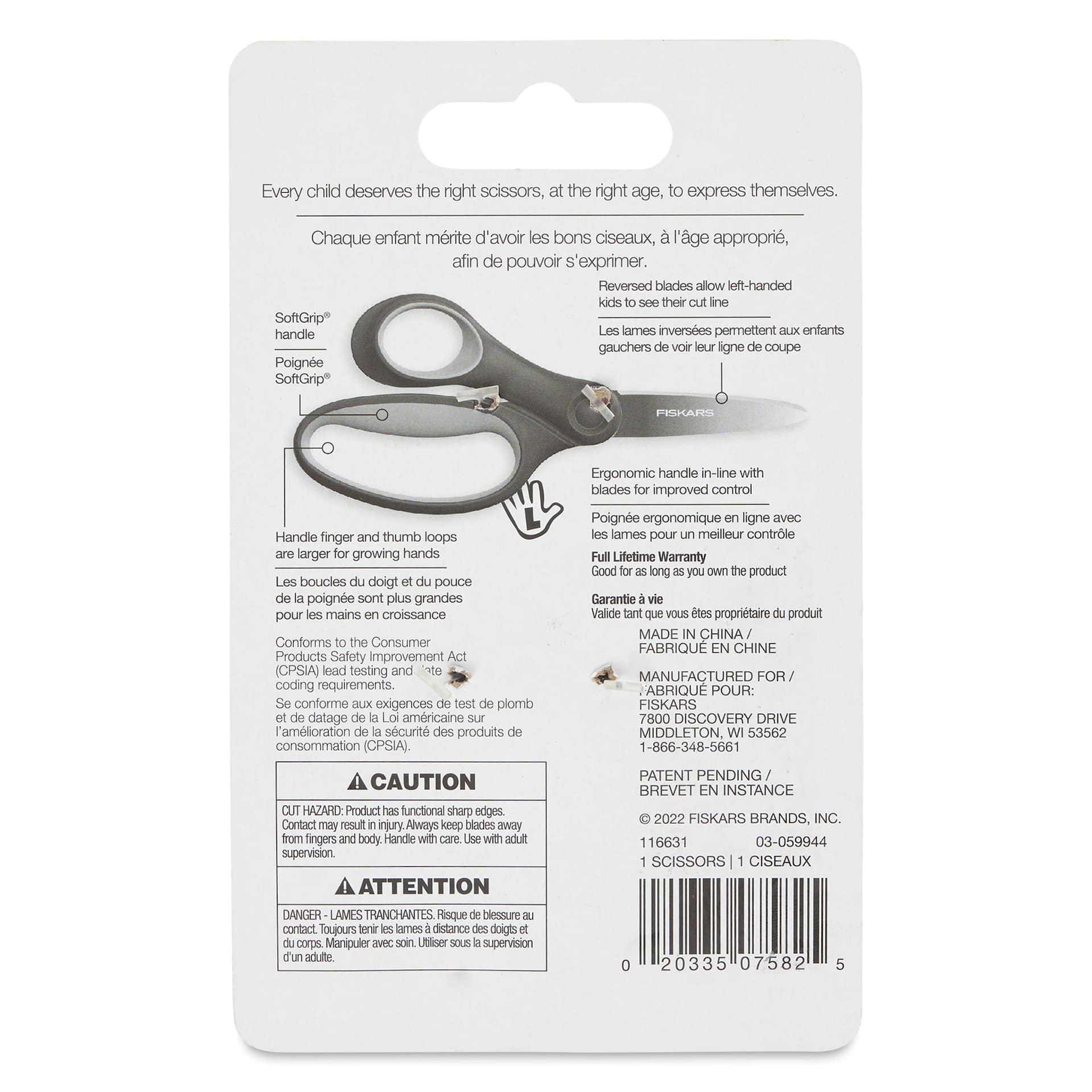 Fiskars Big Kids SoftGrip Ombre Left-Handed Scissors - Blue, 6" back of packaging