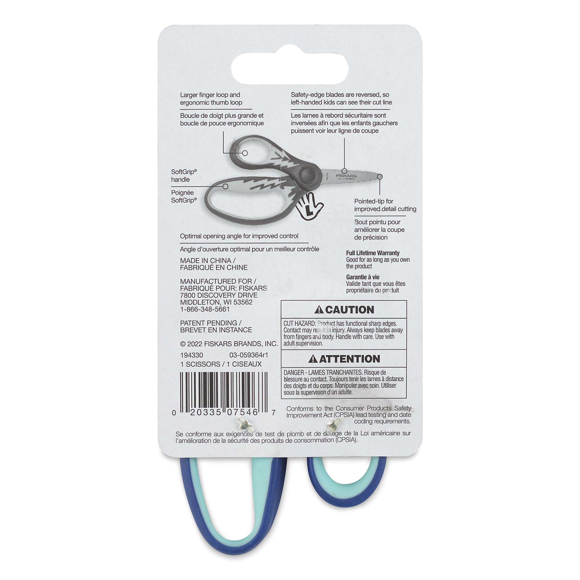 Fiskars SoftGrip Scissors - 5'', Left-Handed, Pointed Tip back of packaging