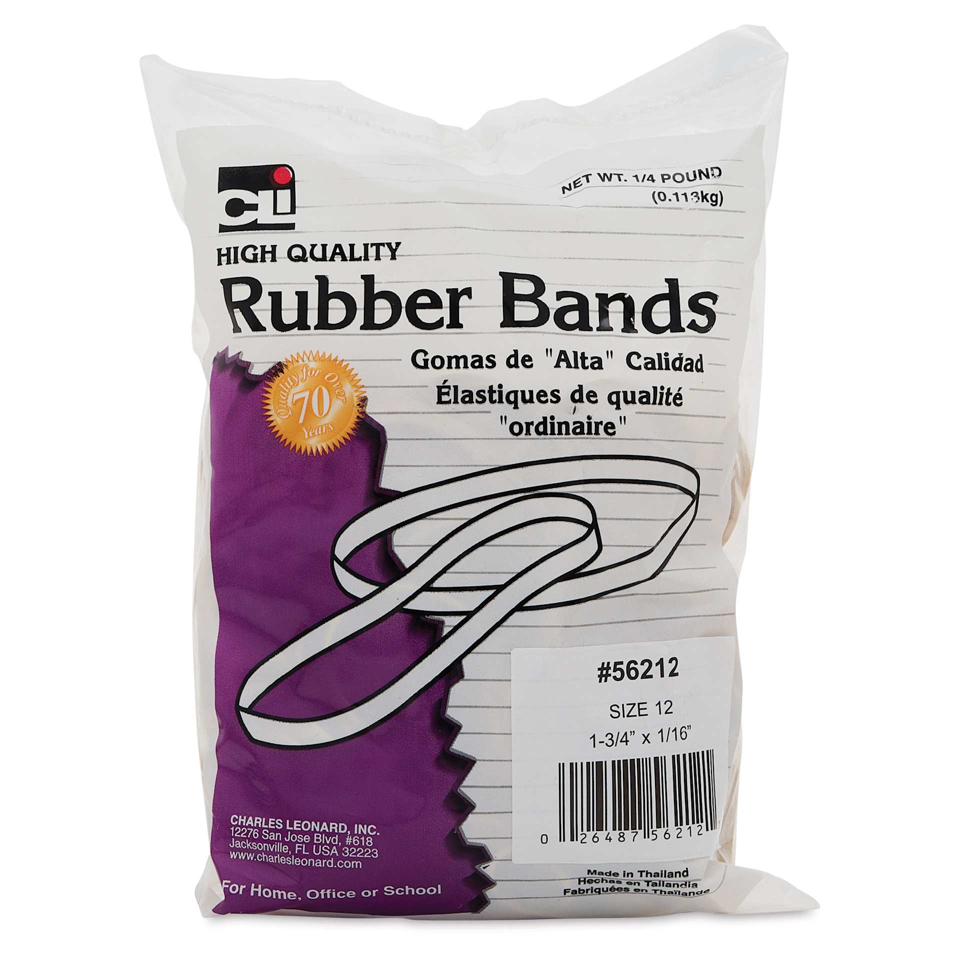 Charles Leonard High Quality Rubber Bands - Size 12, 1/4 lb Bag front of packaging
