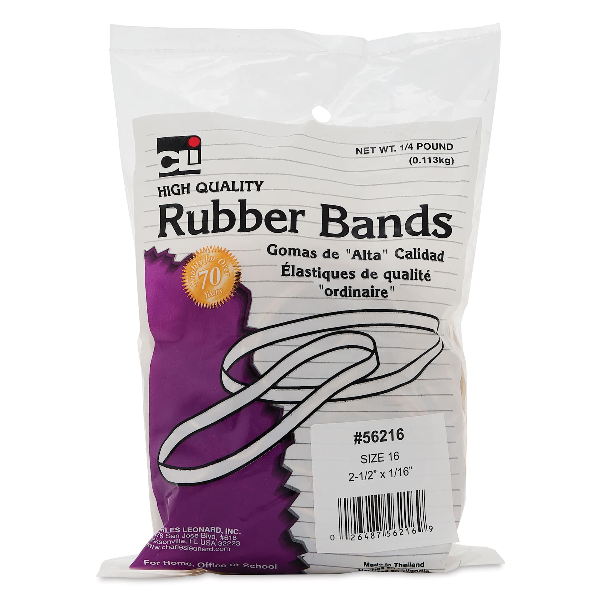 Charles Leonard High Quality Rubber Bands - Size 16, 1/4 lb Bag front of packaging