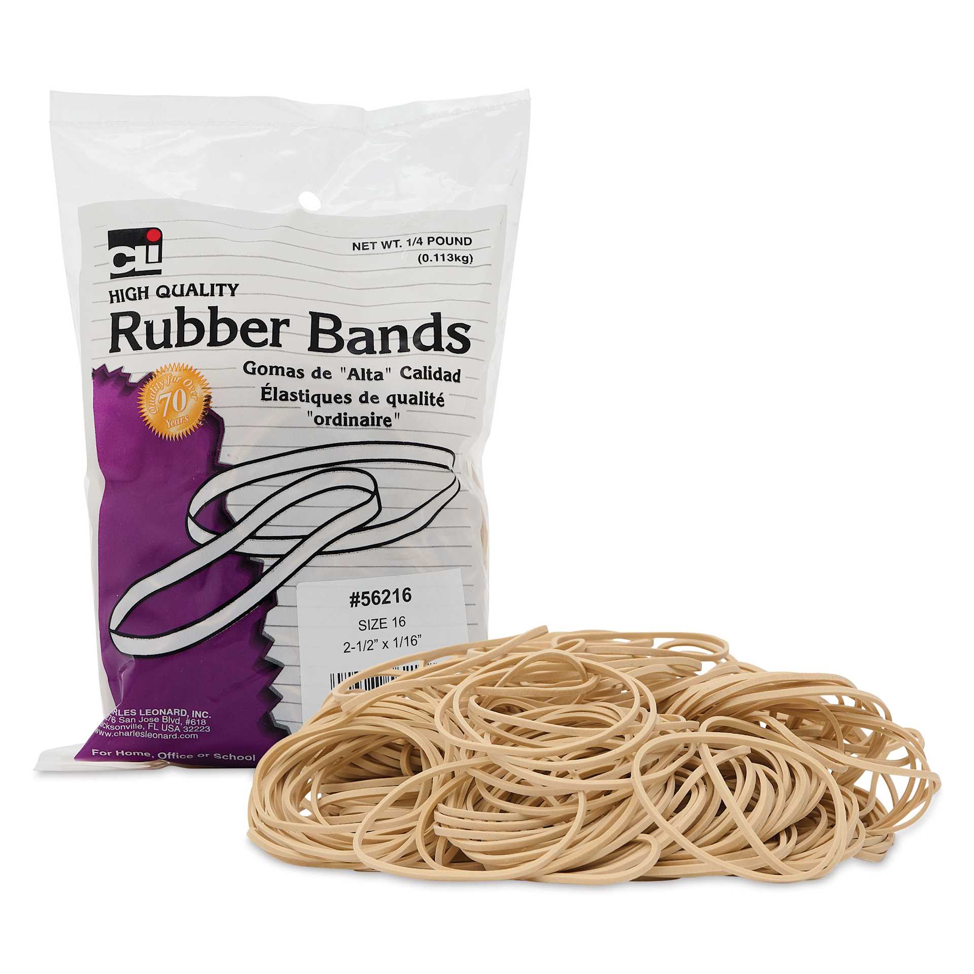 Charles Leonard High Quality Rubber Bands - Size 16, 1/4 lb Bag with contents